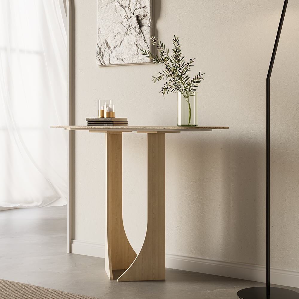 HMR - 39.4" Oval Travertine Stone Console Table Modern Entryway Table with Abstract Base