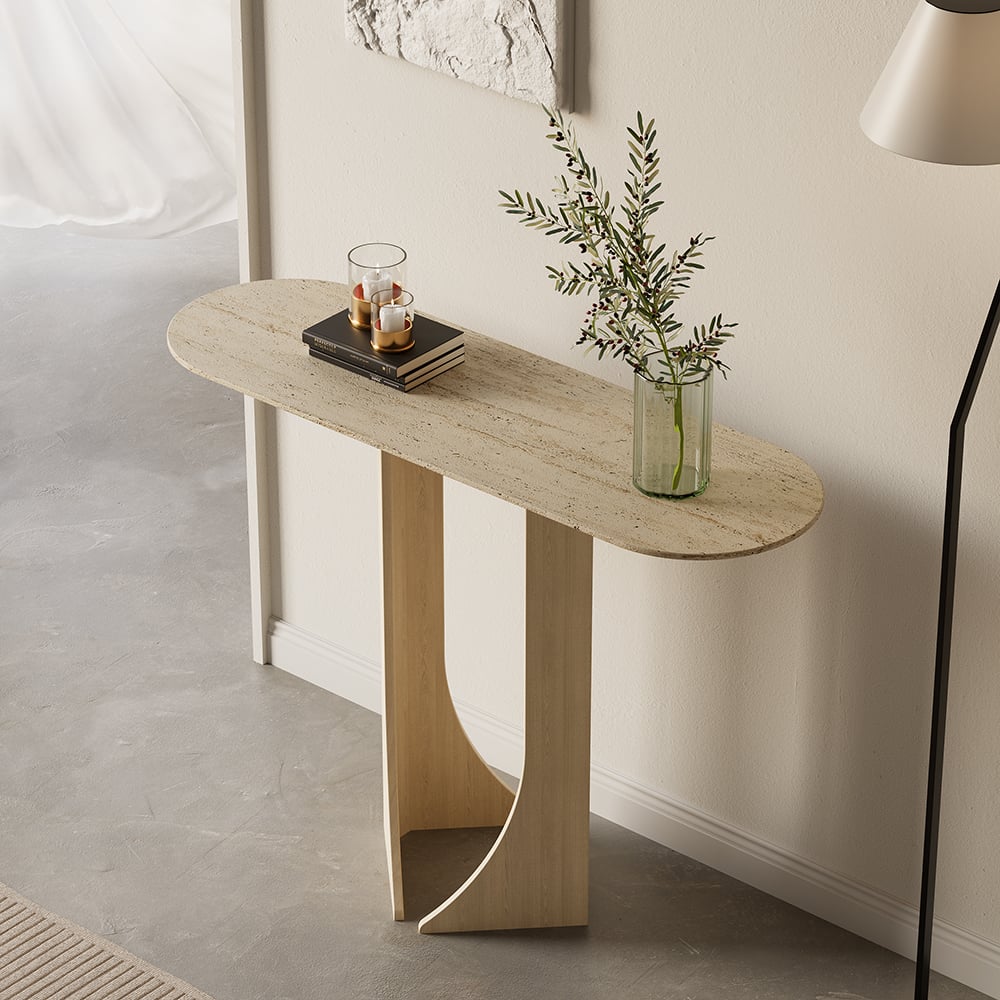 HMR - 39.4" Oval Travertine Stone Console Table Modern Entryway Table with Abstract Base