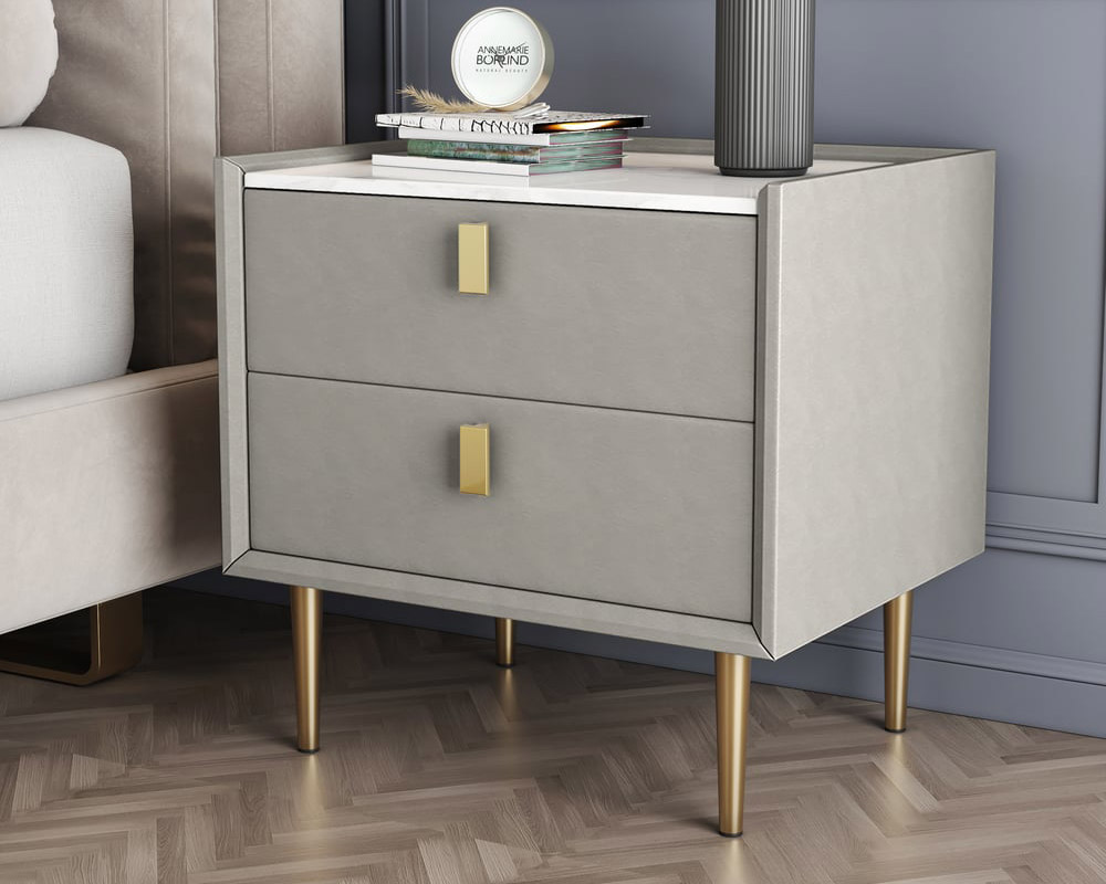 HMR Modern 2-Drawer Nightstand (Set of 2) - Light Gray, Leather