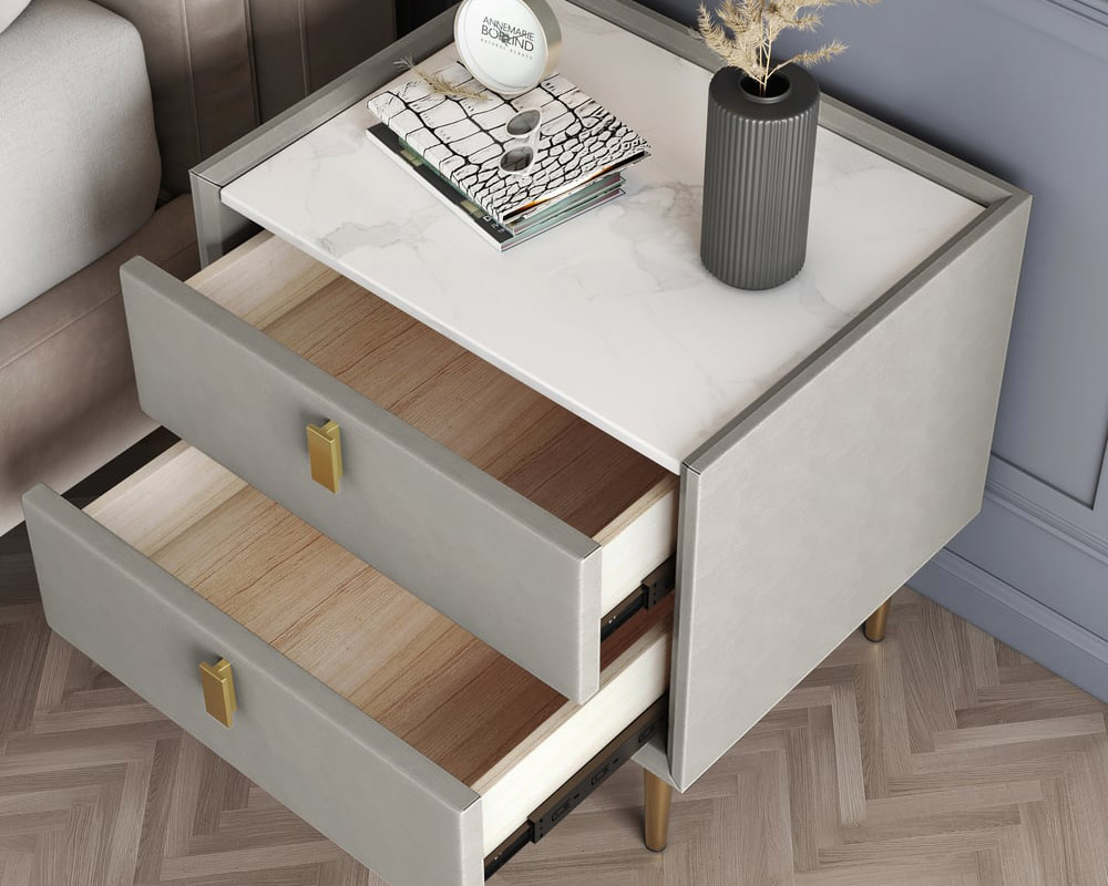HMR Modern 2-Drawer Nightstand (Set of 2) - Light Gray, Leather