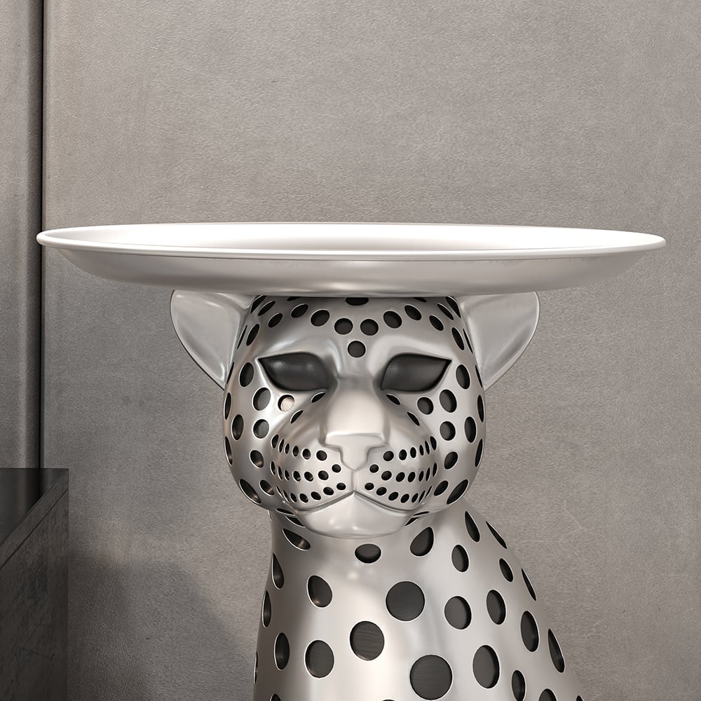 HMR Panther Figurine Resin Art Deco Side Table with Tray Top - Silver