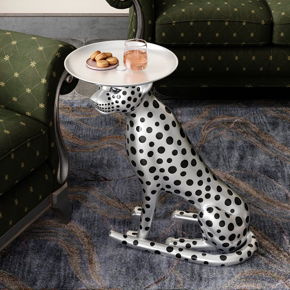 HMR Panther Figurine Resin Art Deco Side Table with Tray Top - Silver