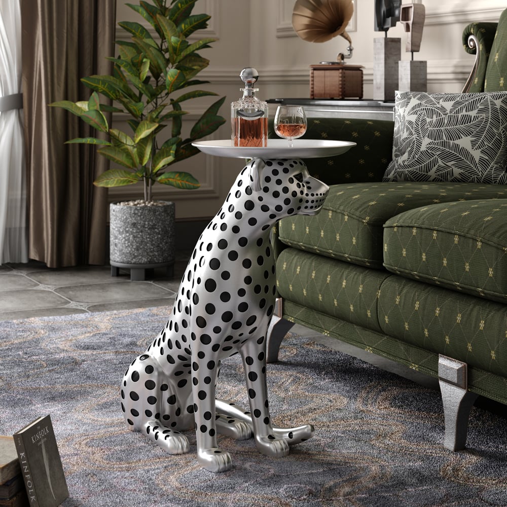 HMR Panther Figurine Resin Art Deco Side Table with Tray Top - Silver