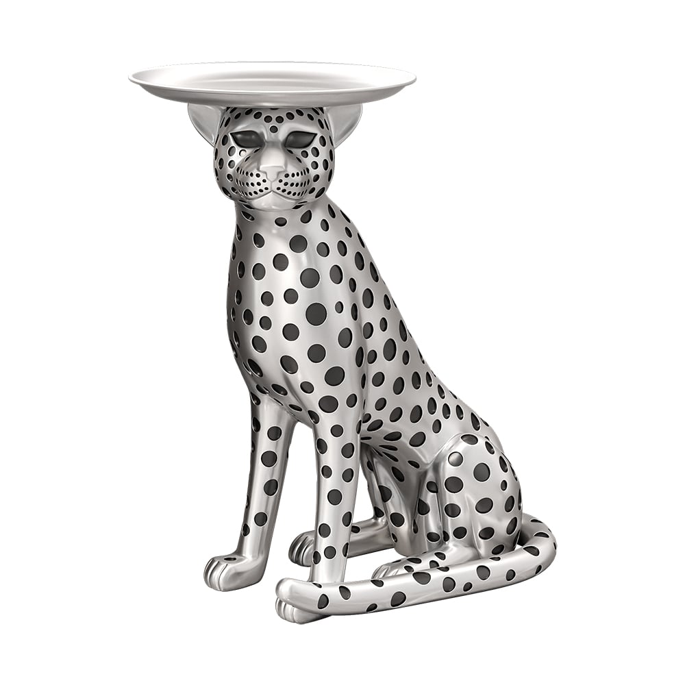 HMR Panther Figurine Resin Art Deco Side Table with Tray Top - Silver