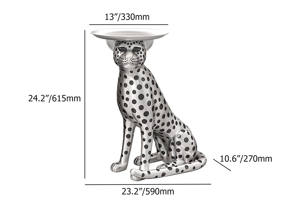 HMR Panther Figurine Resin Art Deco Side Table with Tray Top - Silver
