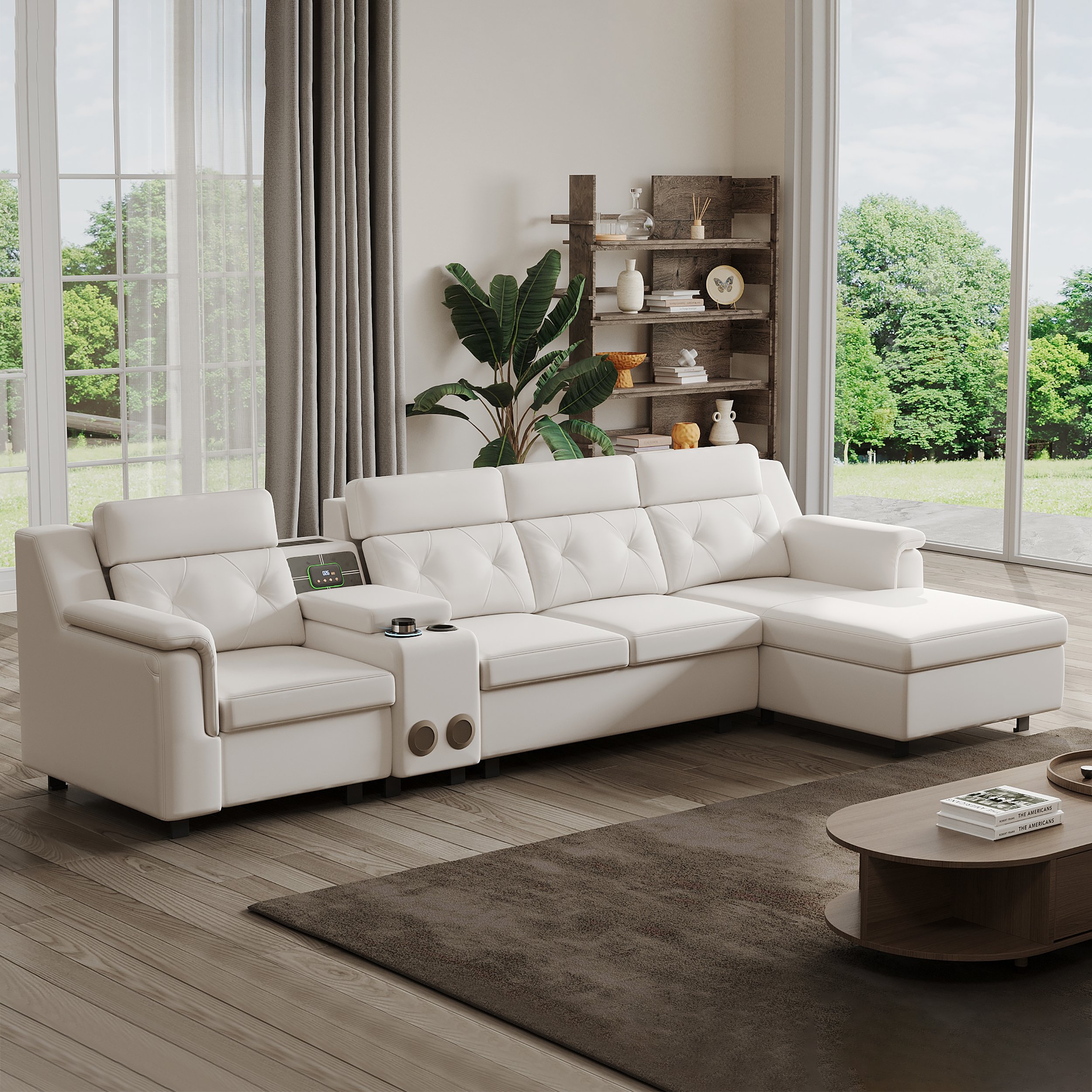 HMR - 134.6" White Power Reclining Sectional Sofa Pull Out Bed Cup Holder & Speaker & Storage