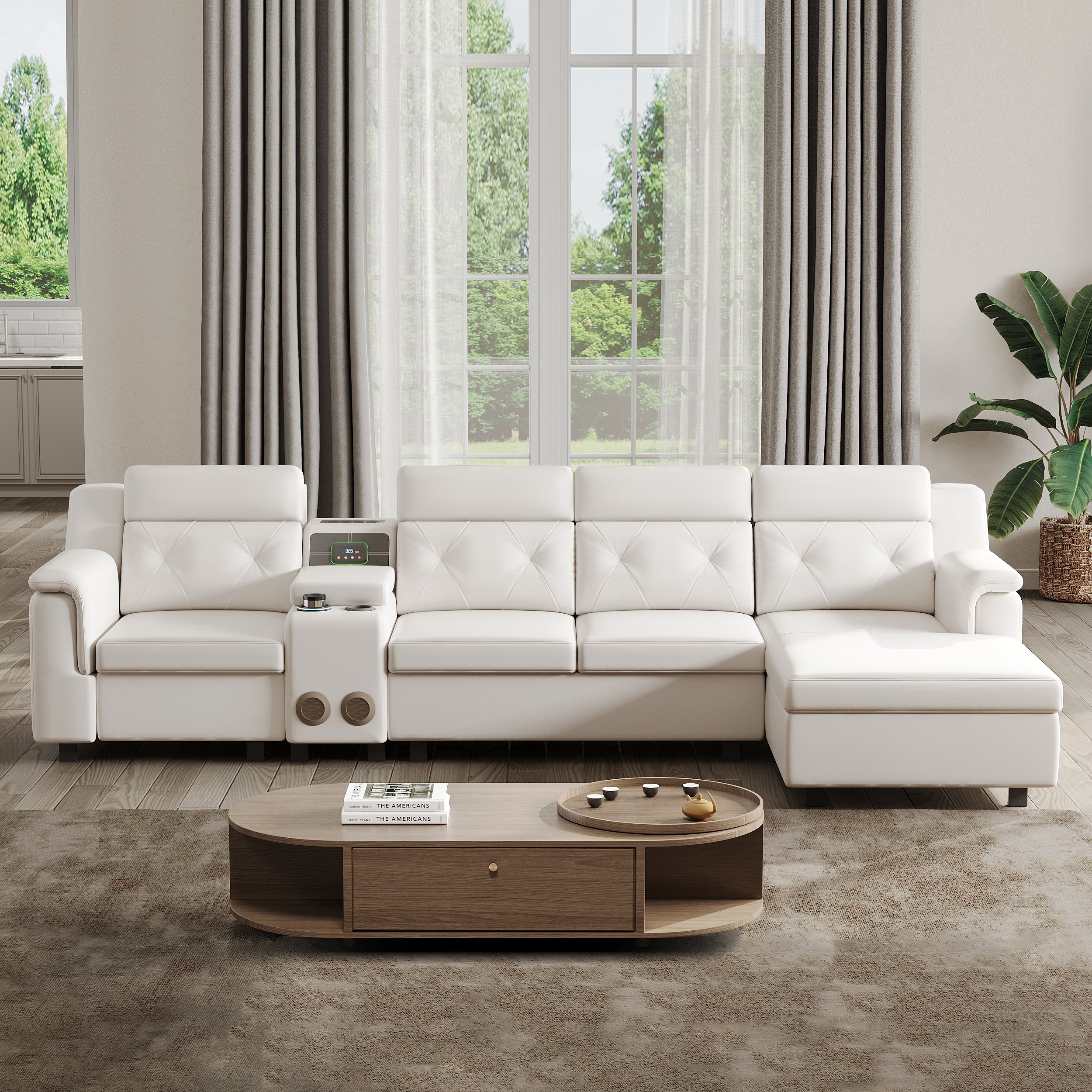 HMR - 134.6" White Power Reclining Sectional Sofa Pull Out Bed Cup Holder & Speaker & Storage