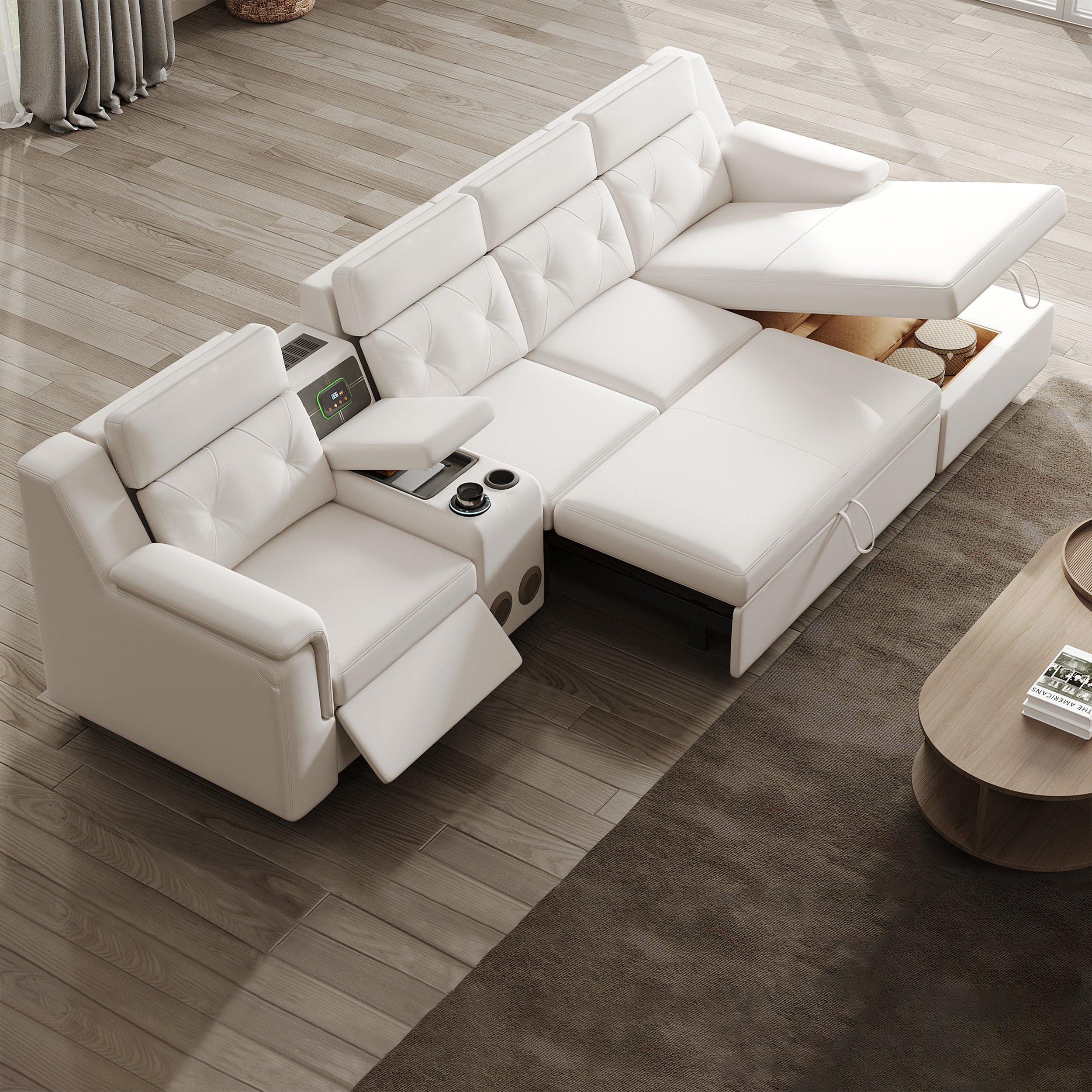 HMR - 134.6" White Power Reclining Sectional Sofa Pull Out Bed Cup Holder & Speaker & Storage