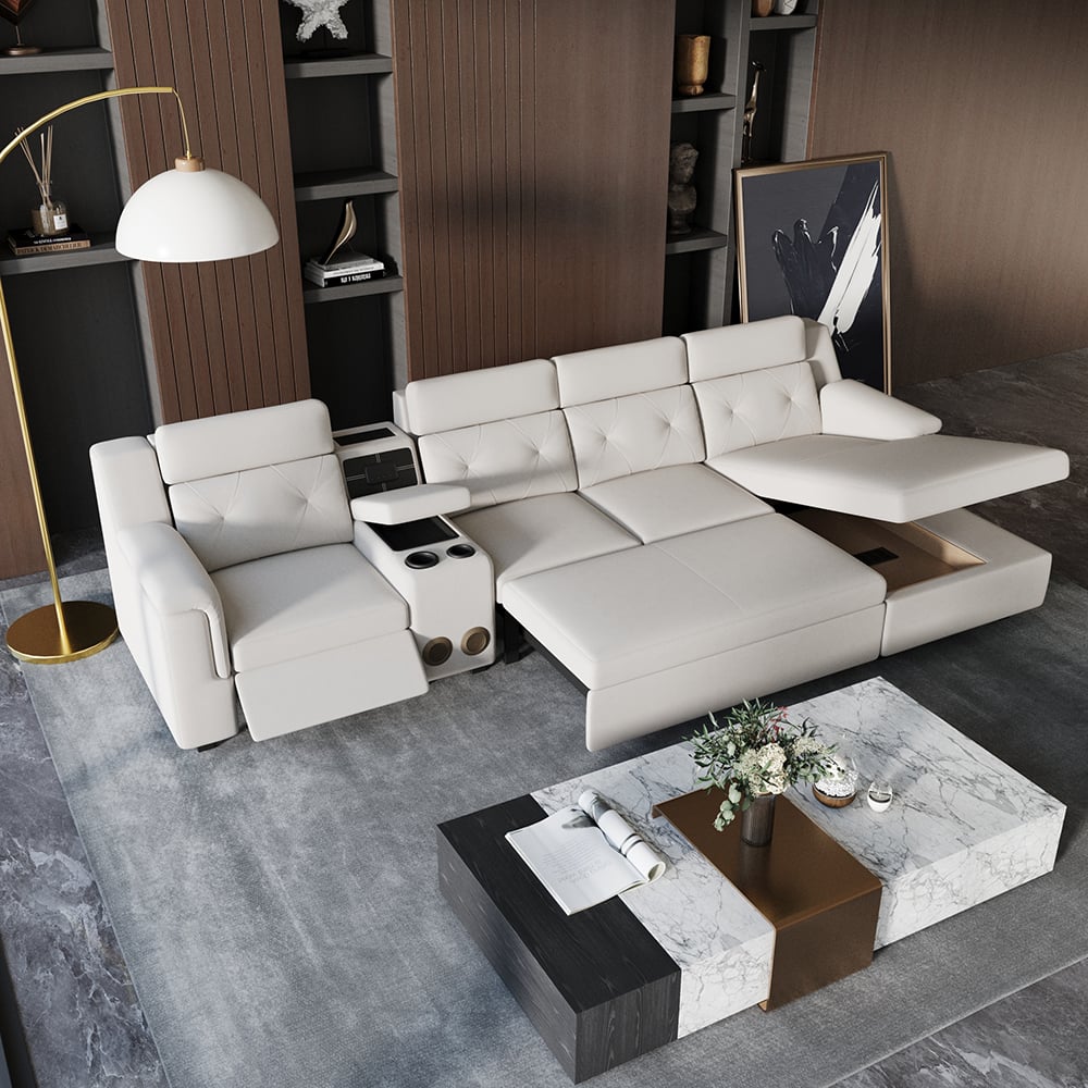 HMR - 134.6" White Power Reclining Sectional Sofa Pull Out Bed Cup Holder & Speaker & Storage