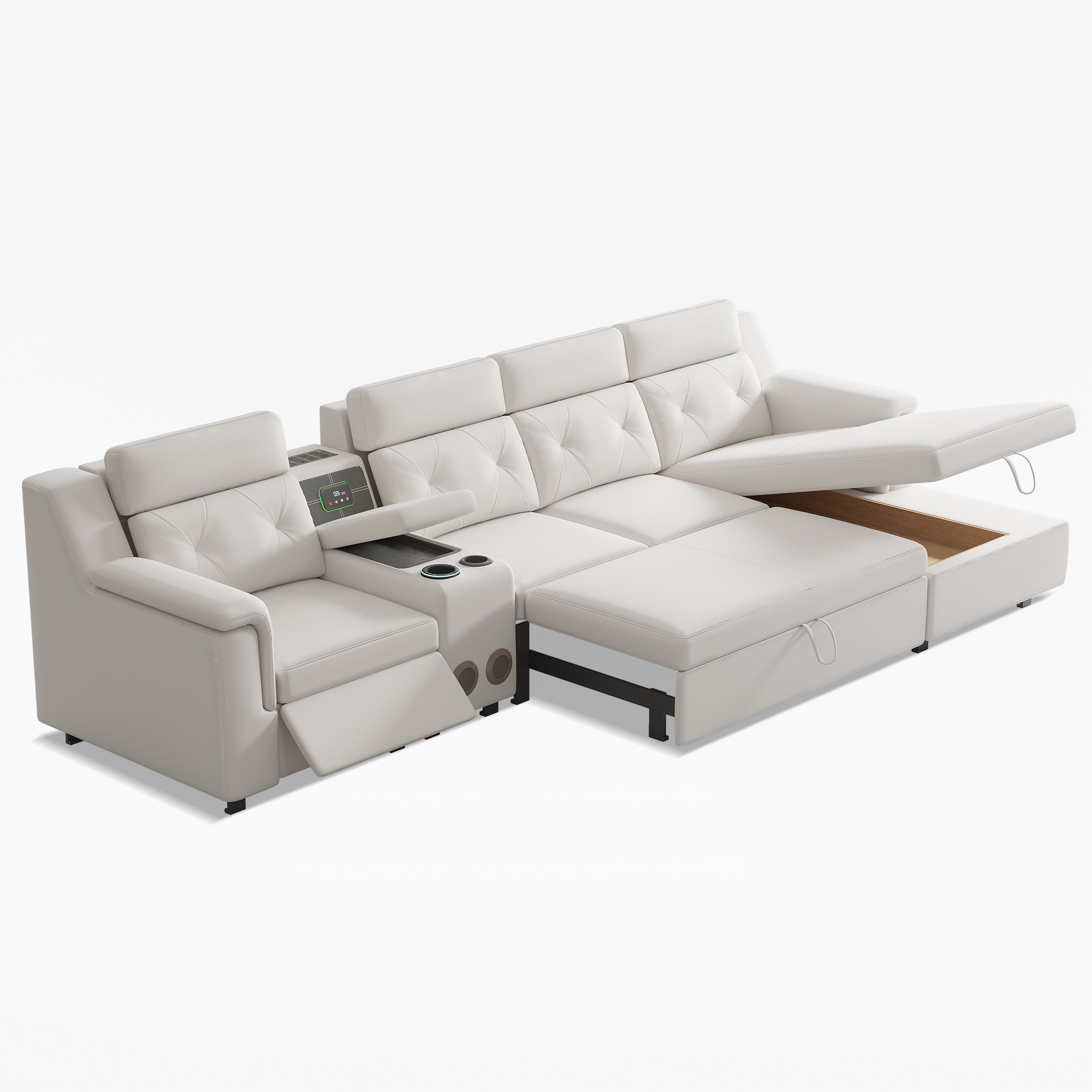 HMR - 134.6" White Power Reclining Sectional Sofa Pull Out Bed Cup Holder & Speaker & Storage