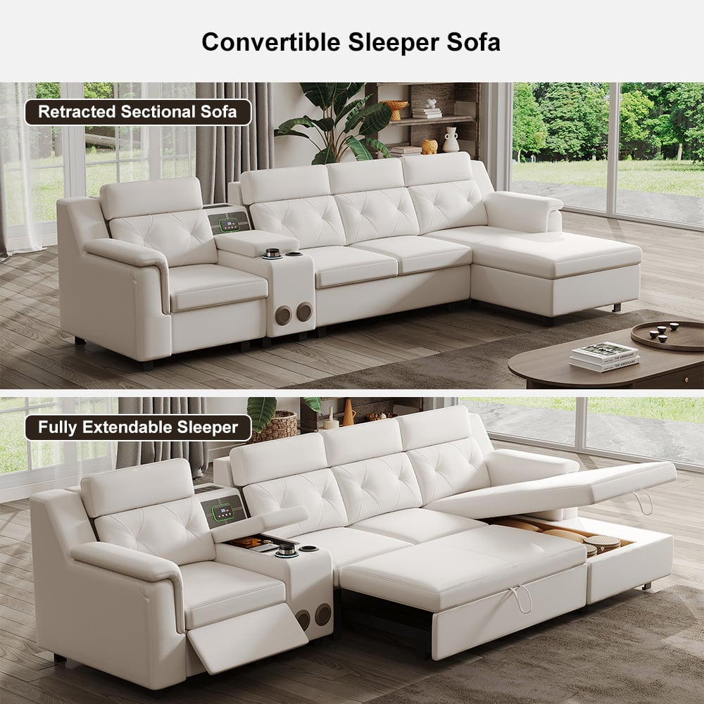 HMR - 134.6" White Power Reclining Sectional Sofa Pull Out Bed Cup Holder & Speaker & Storage