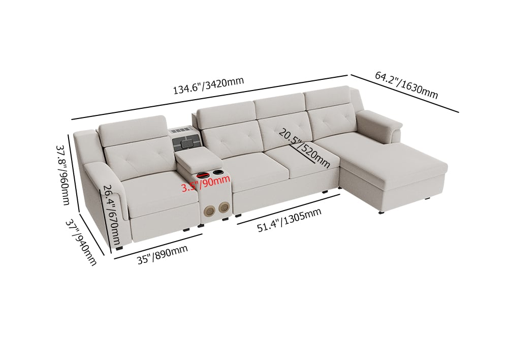 HMR - 134.6" White Power Reclining Sectional Sofa Pull Out Bed Cup Holder & Speaker & Storage