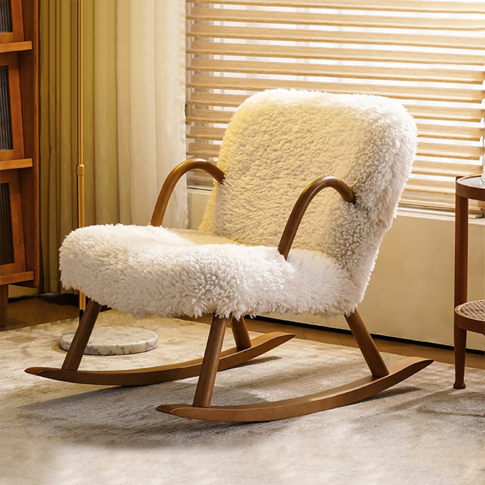 HMR - White Boucle Upholstery Rocking Chair Solid Wood Accent Chair in Walnut