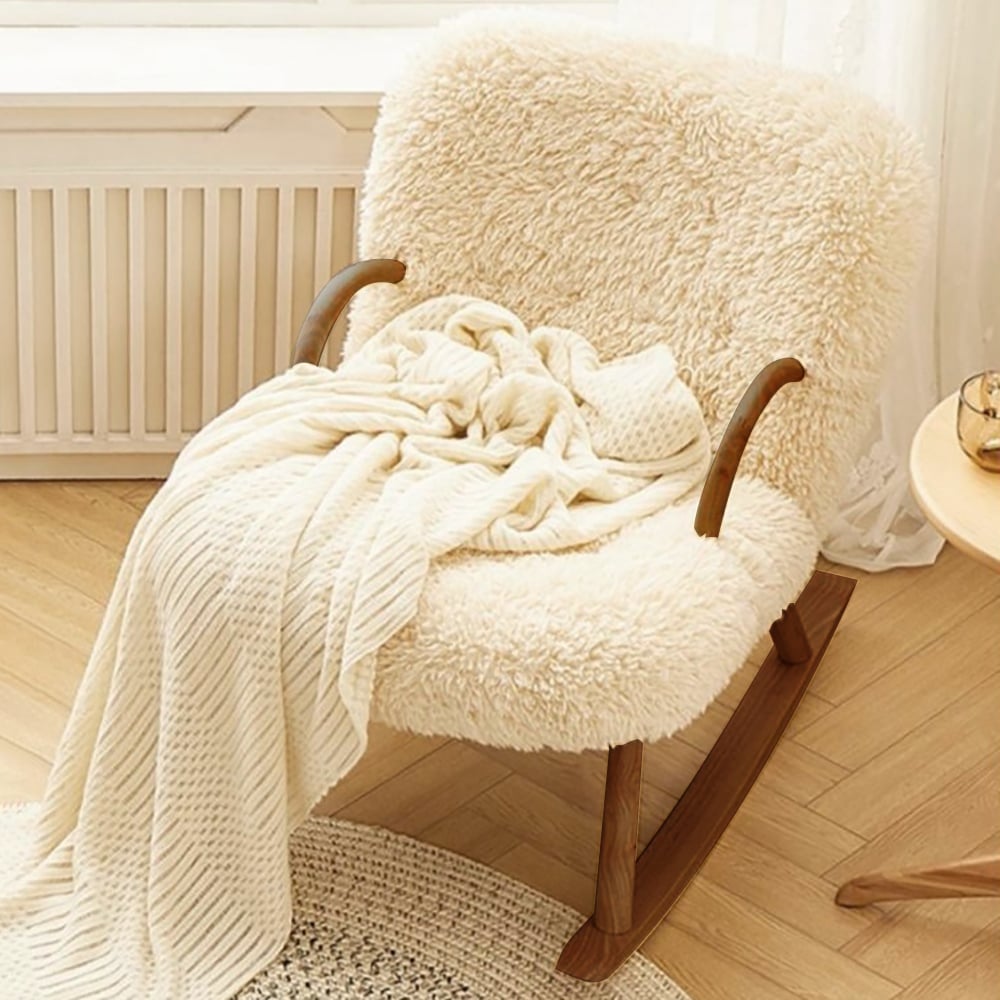 HMR - White Boucle Upholstery Rocking Chair Solid Wood Accent Chair in Walnut