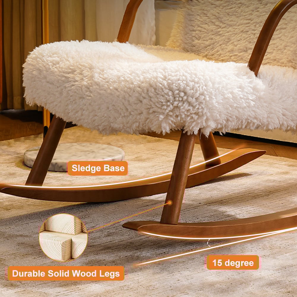 HMR - White Boucle Upholstery Rocking Chair Solid Wood Accent Chair in Walnut
