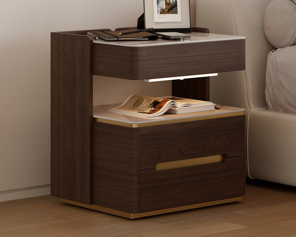 HMR Vailora Smart Nightstand with Wireless Charger Sensor Light Bluetooth Speakers - Walnut & White, Single