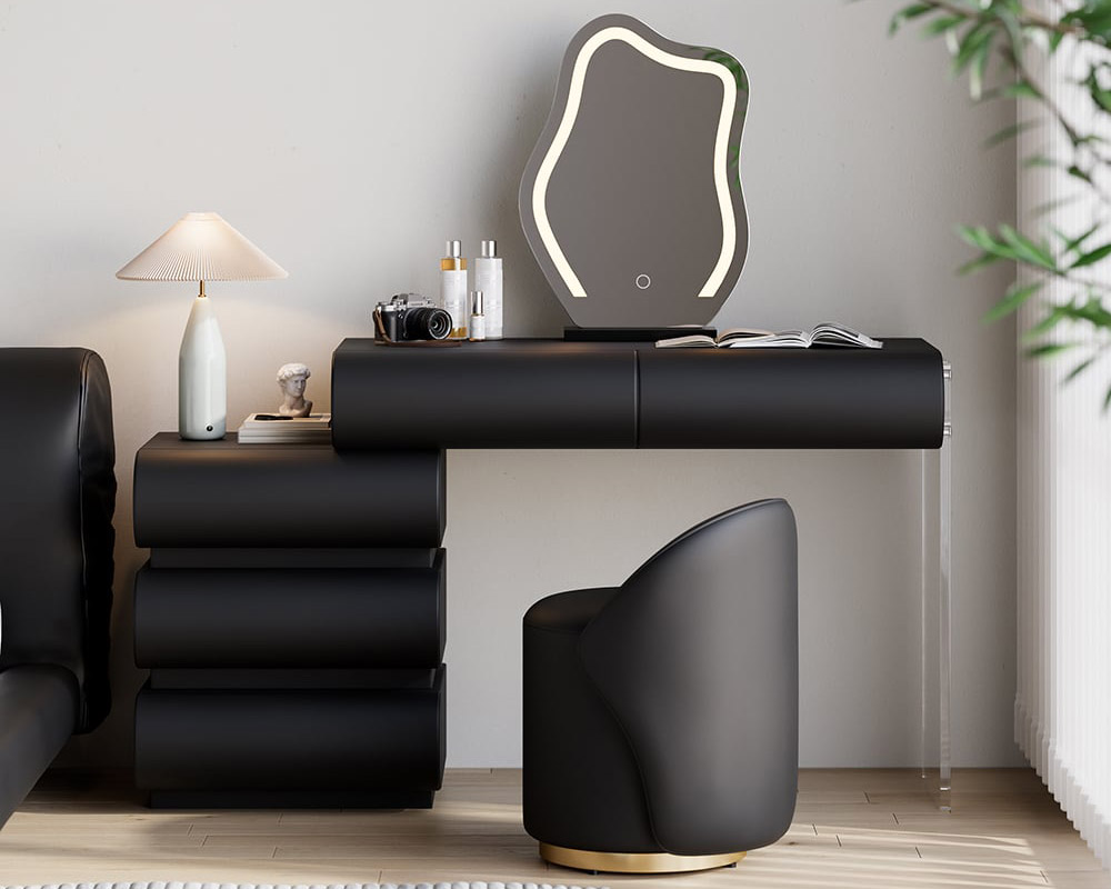 HMR Humply Leather Makeup Vanity Set with Mirror & Lights (40"-53") - Black