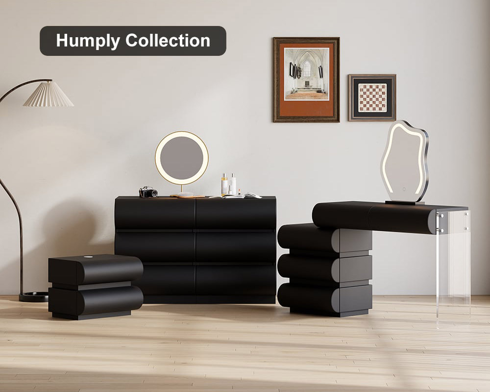 HMR Humply Leather Makeup Vanity Set with Mirror & Lights (40"-53") - Black
