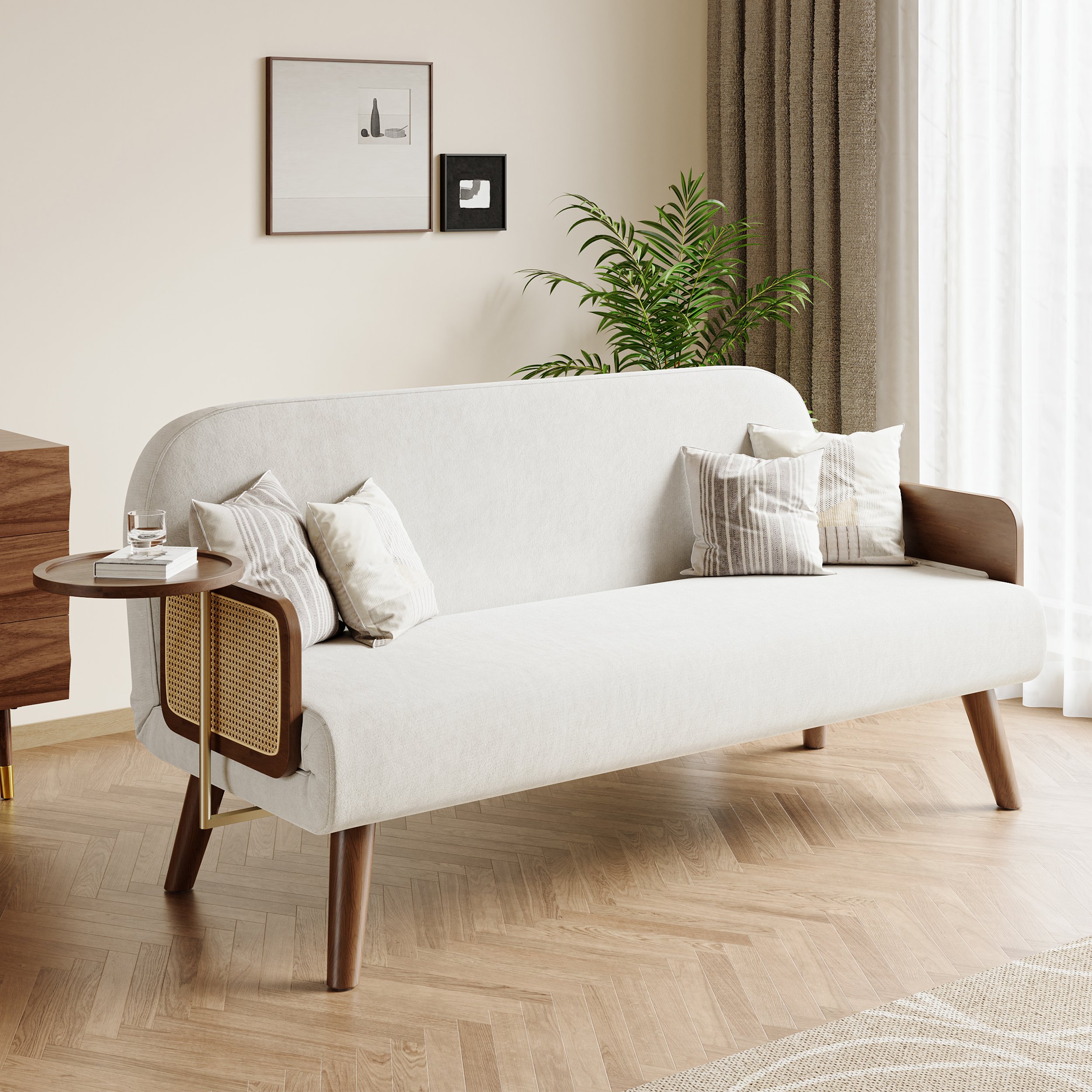 HMR - Velvet & Rattan Sleeper Sofa with Tray