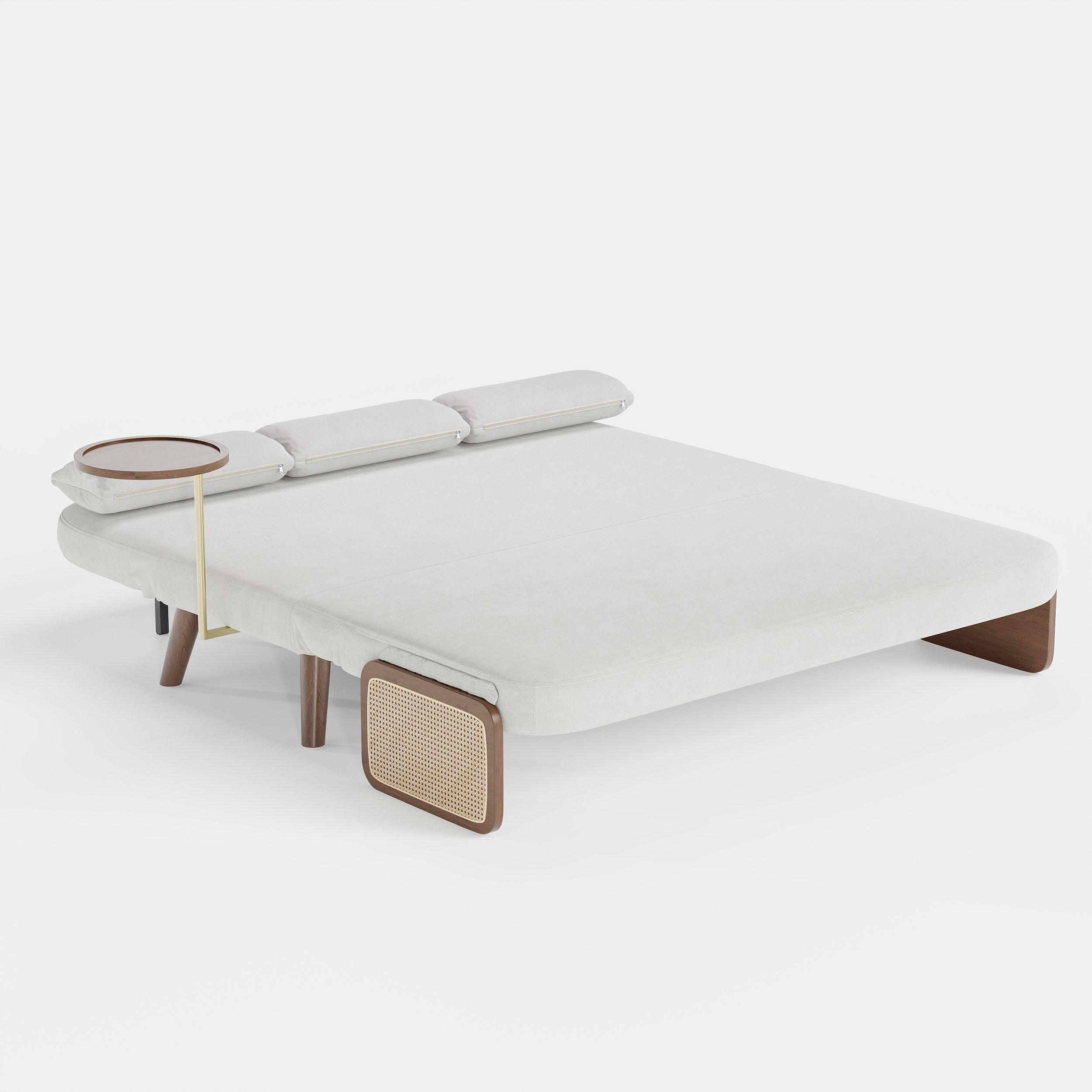 HMR Velvet & Rattan Sleeper Sofa with Tray - White, Queen Size