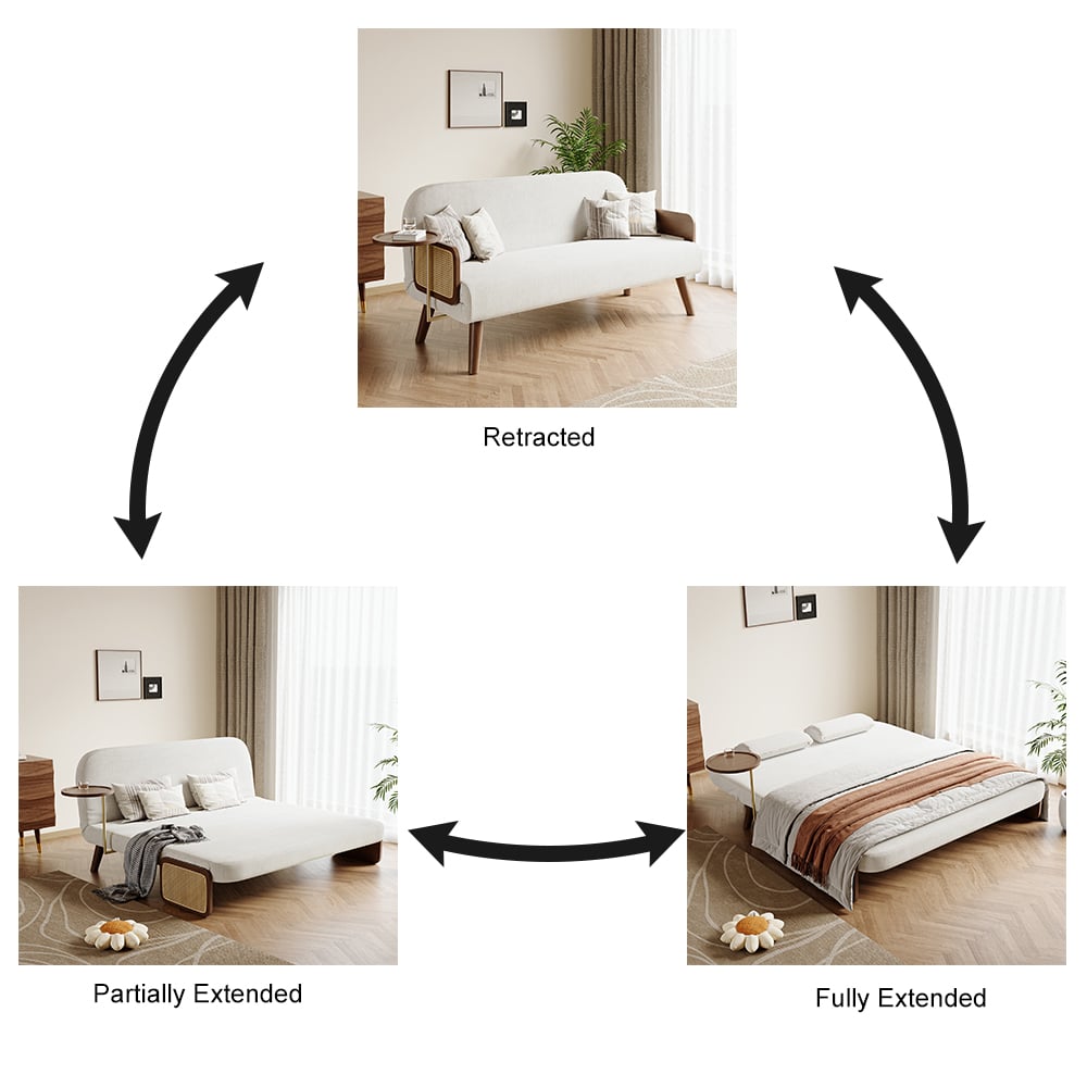 HMR Velvet & Rattan Sleeper Sofa with Tray - White, Queen Size