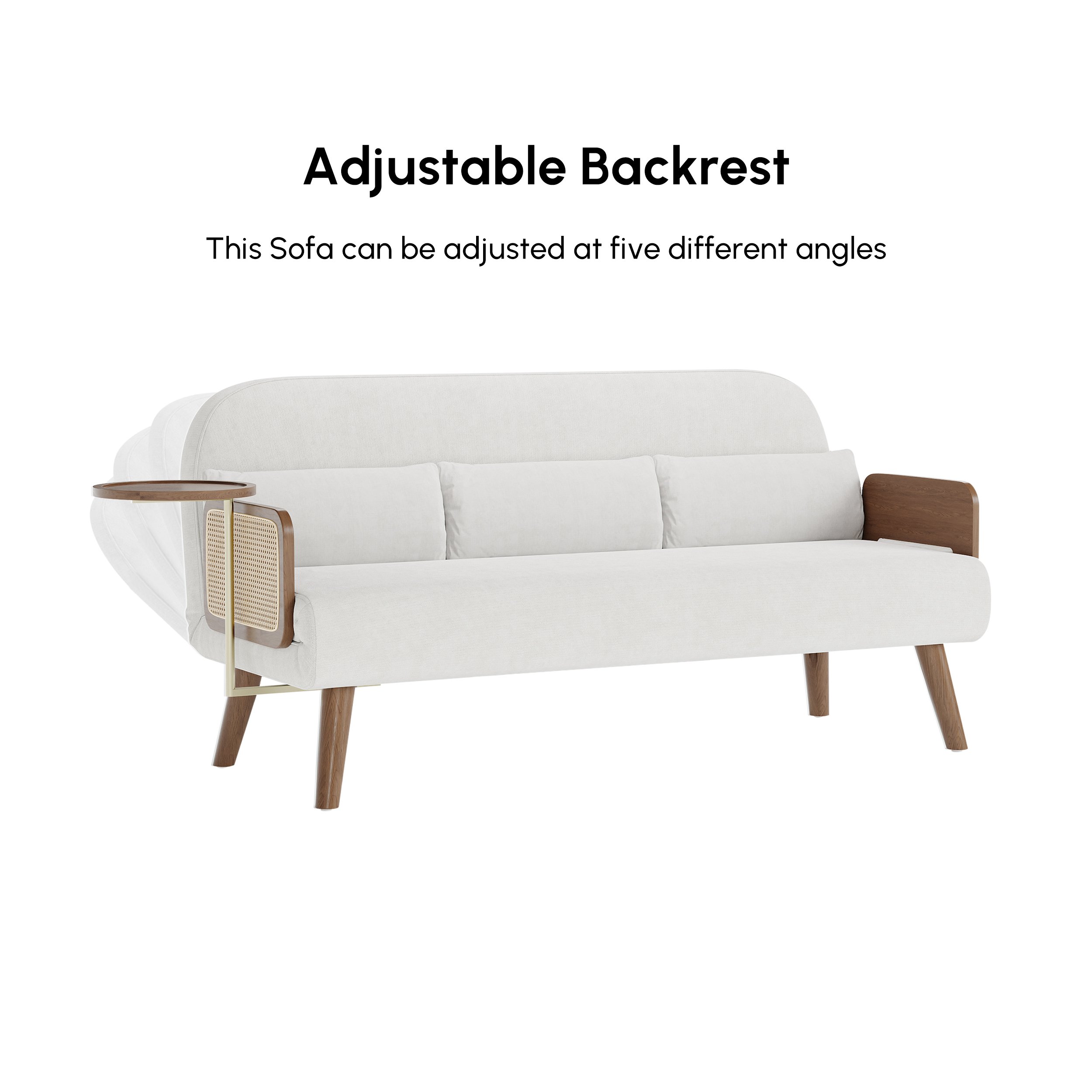 HMR Velvet & Rattan Sleeper Sofa with Tray - White, Queen Size