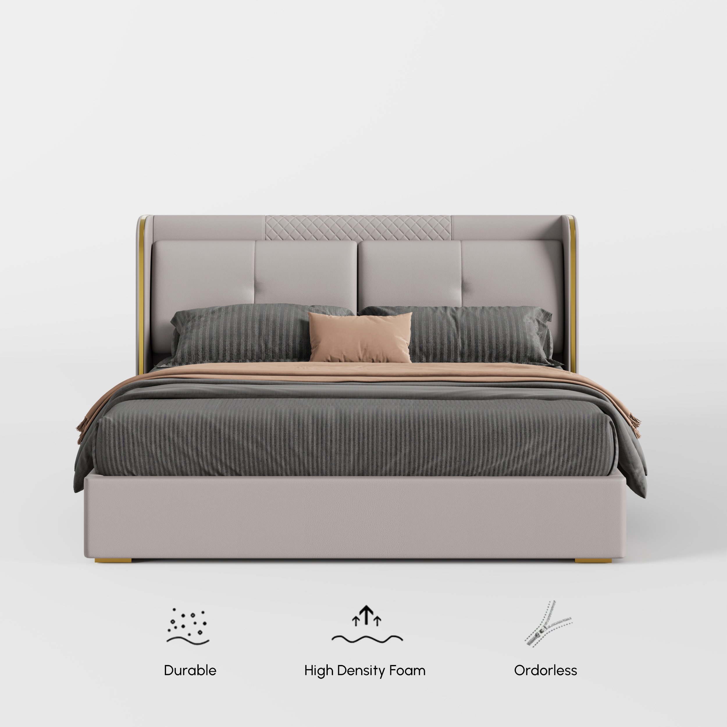 HMR Leather Upholstered Queen Bed with Wingback Headboard - Light Gray, Queen Size
