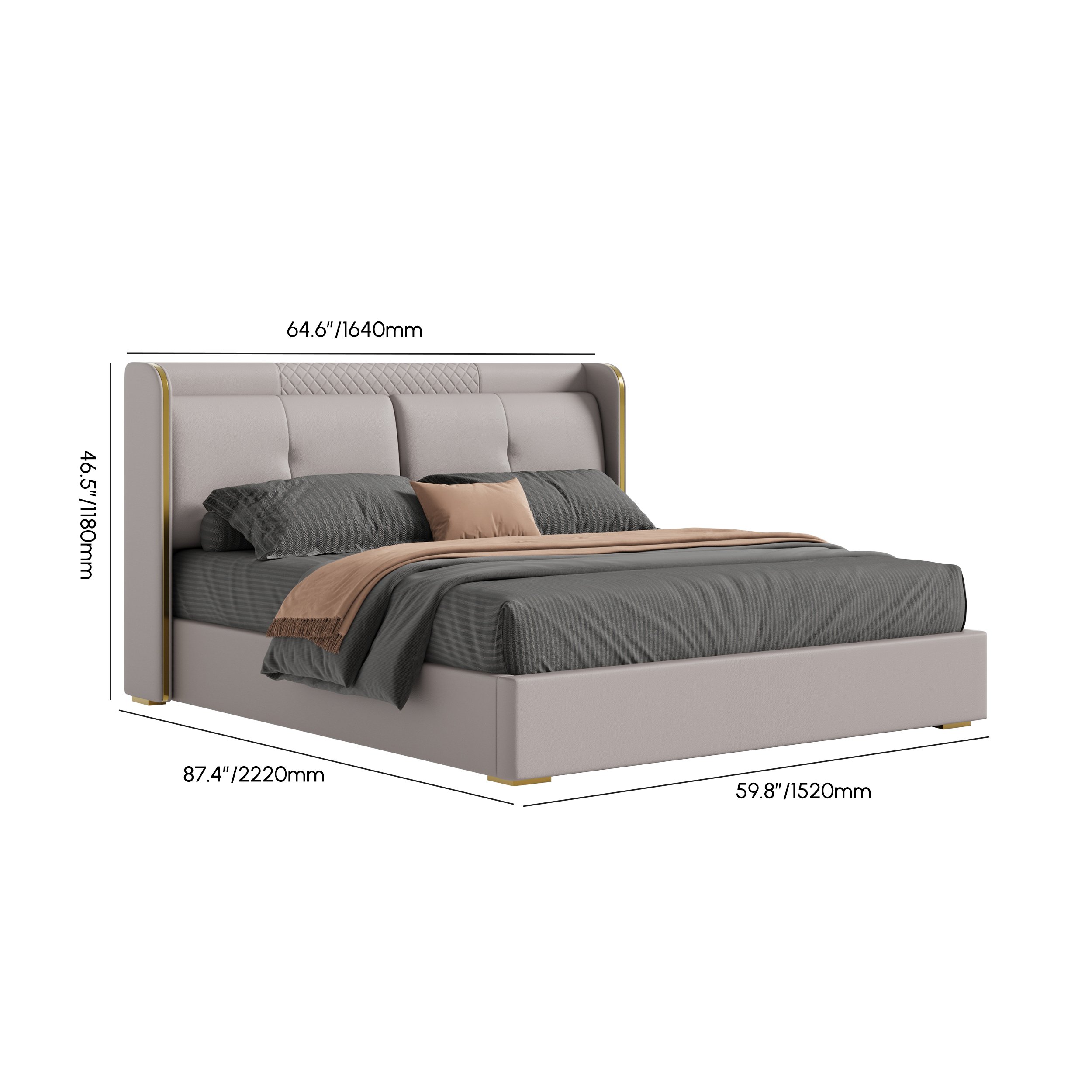 HMR Leather Upholstered Queen Bed with Wingback Headboard - Light Gray, Queen Size