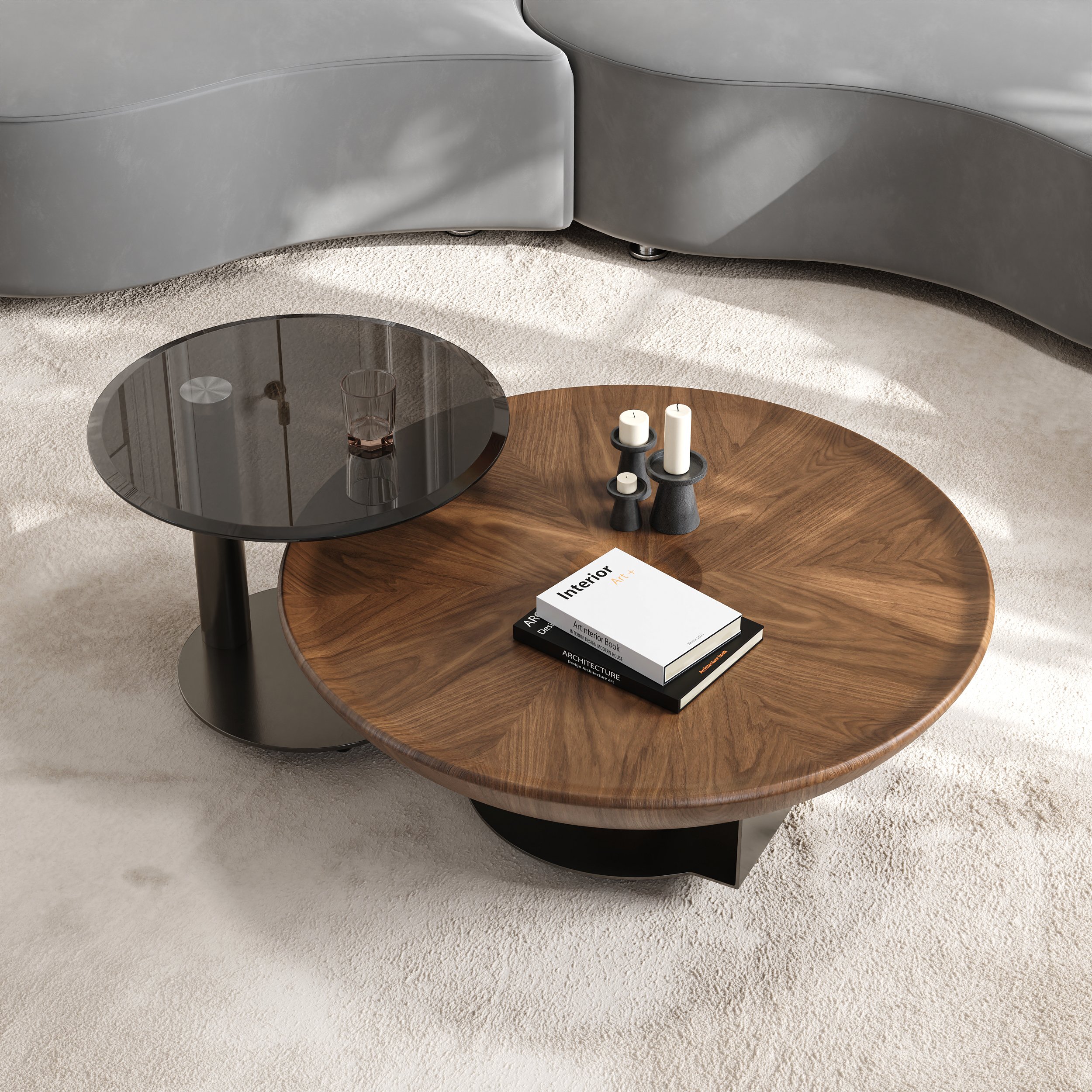 HMR - Glass Top Walnut Nesting Coffee Table Set of 2(22"-35")