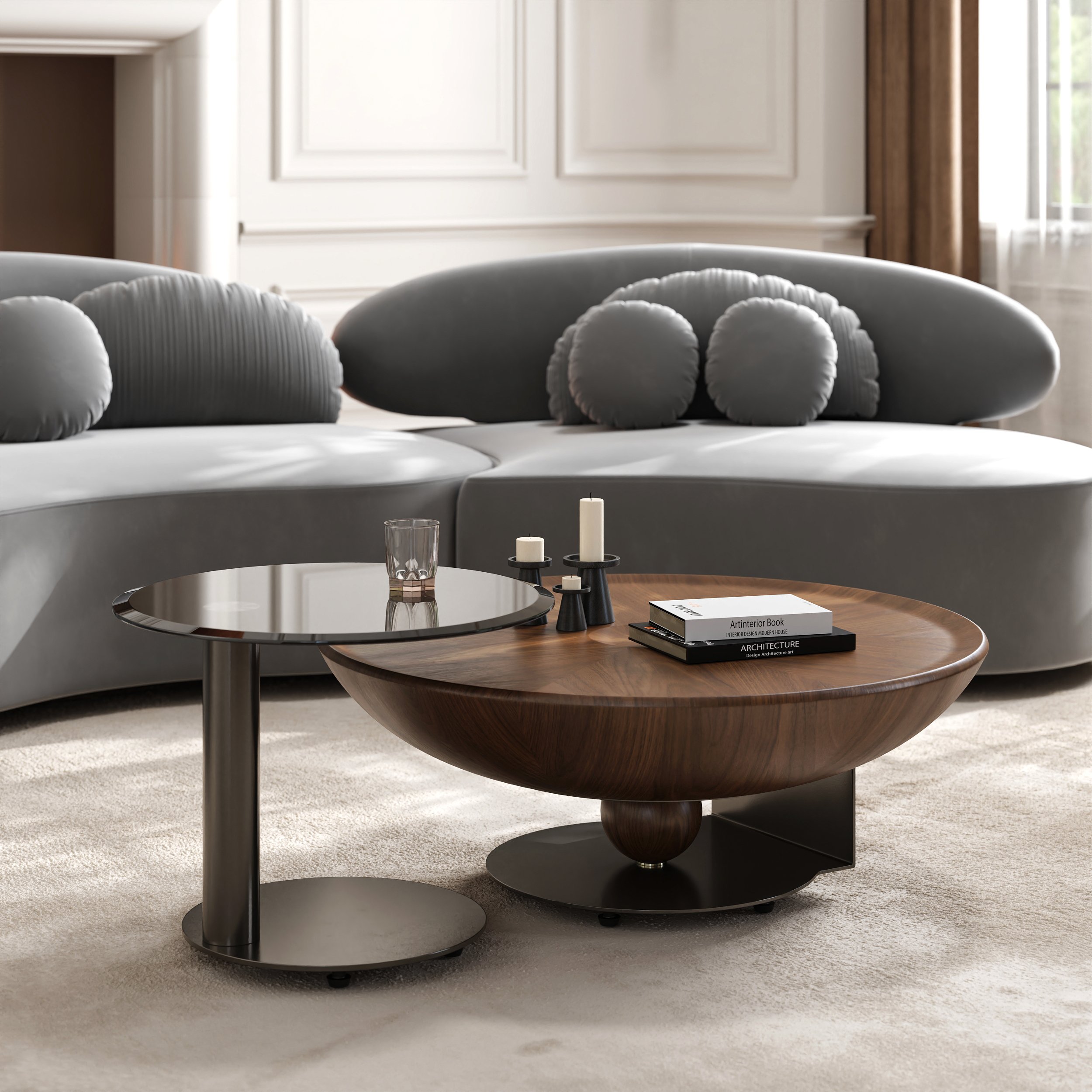 HMR - Glass Top Walnut Nesting Coffee Table Set of 2(22"-35")