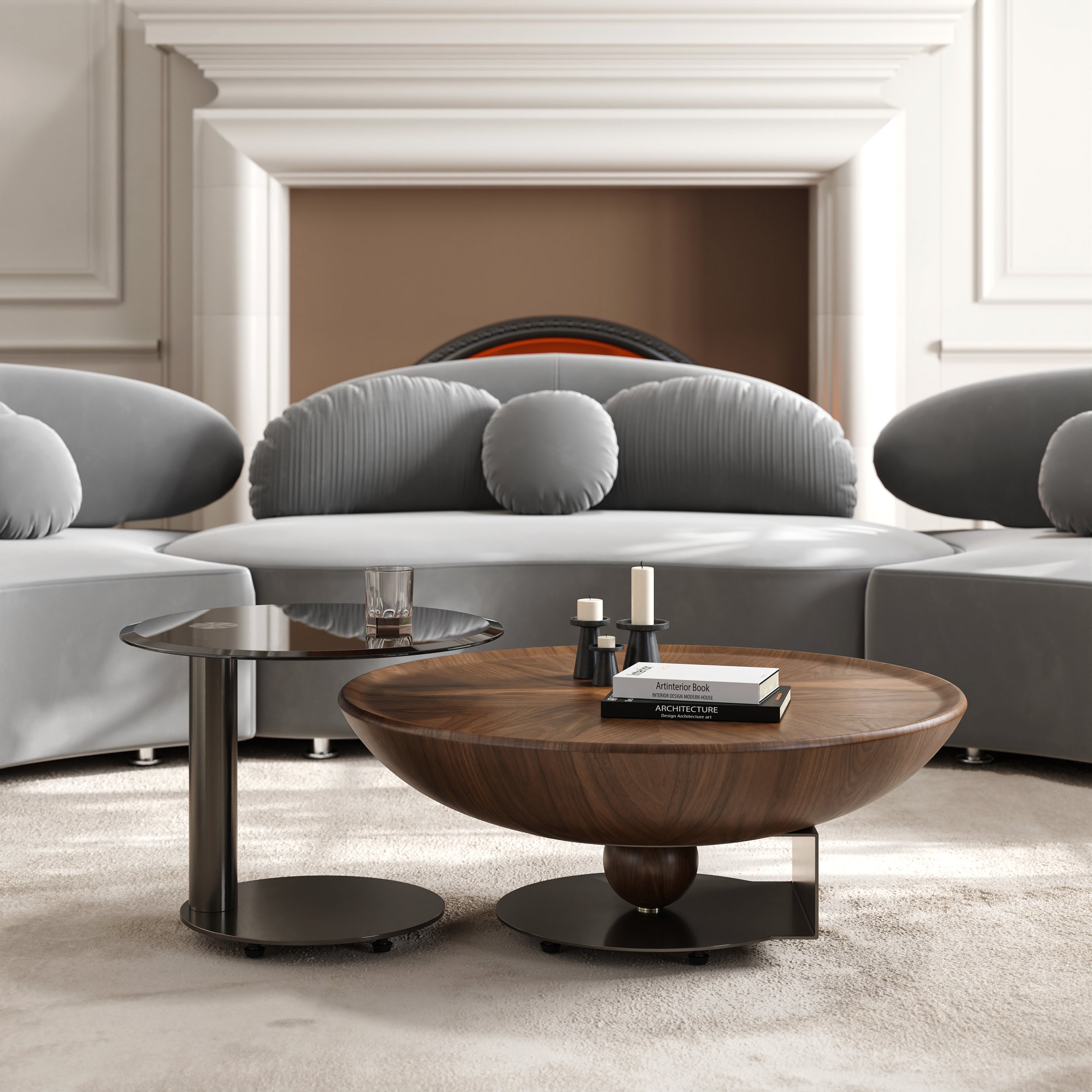 HMR - Glass Top Walnut Nesting Coffee Table Set of 2(22"-35")