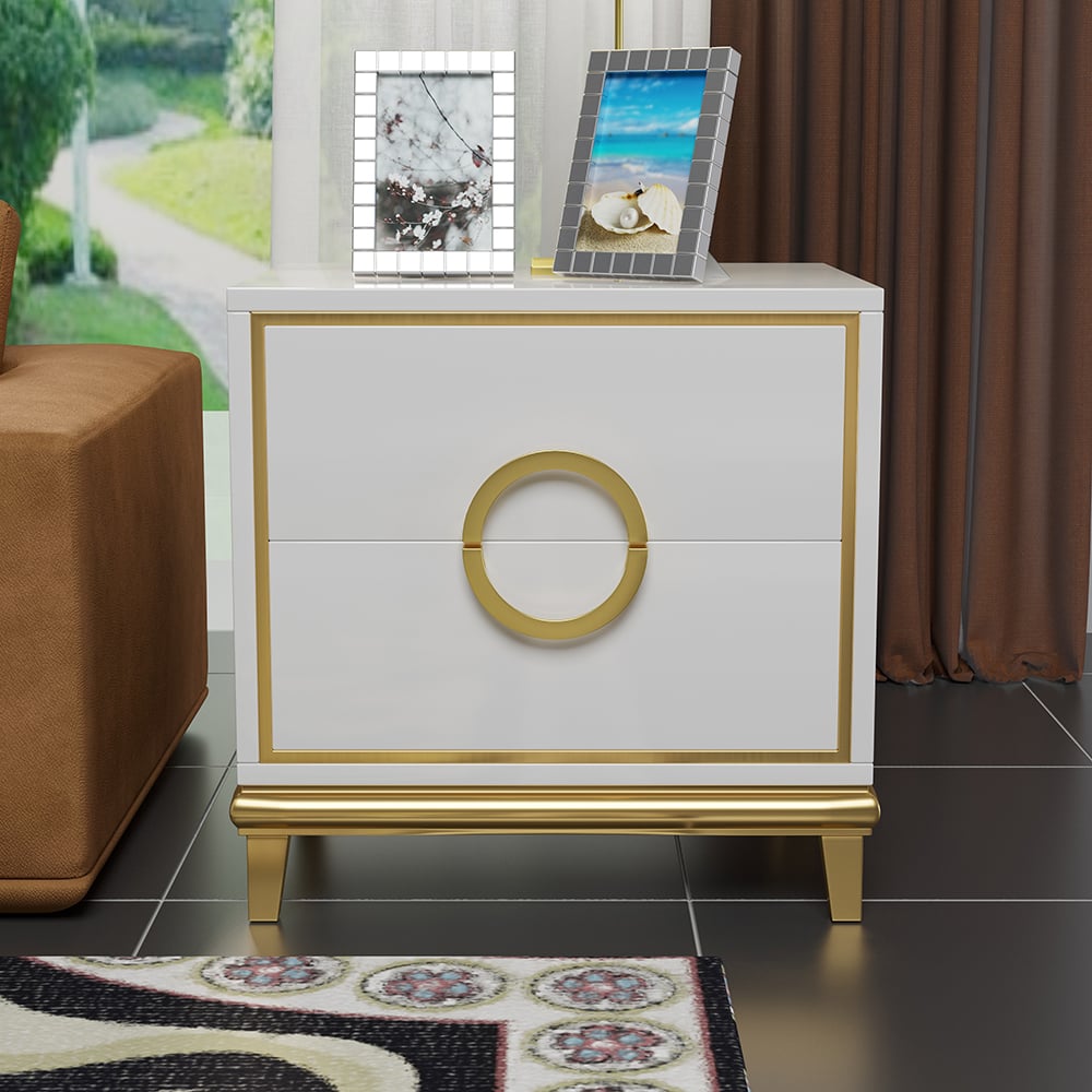 HMR Tile Modern Nightstand with 2 Drawers (Set of 2) - White