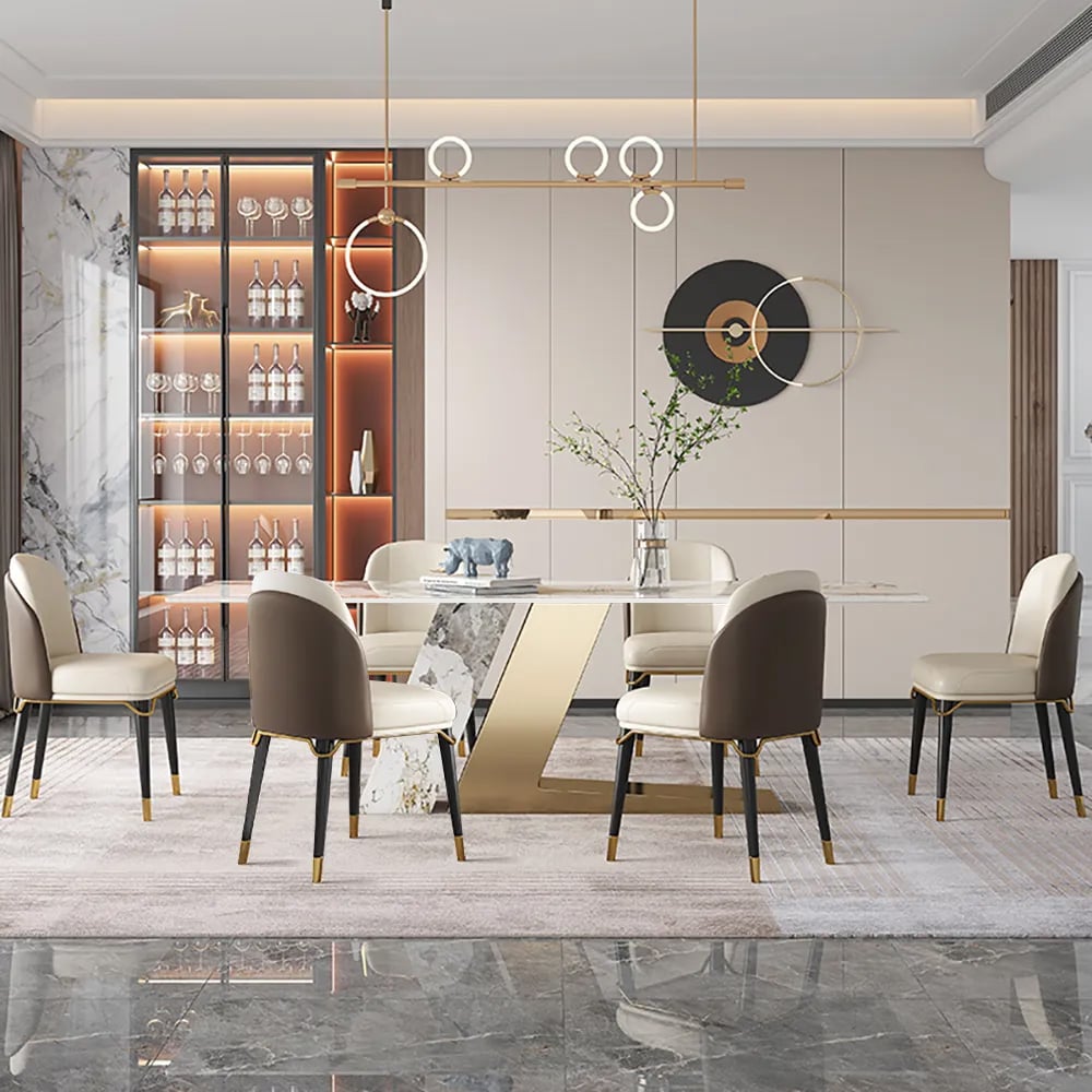HMR - Dining Set 79" Modern Rectangle Sintered Stone Dining Table Gold with 8 Chairs