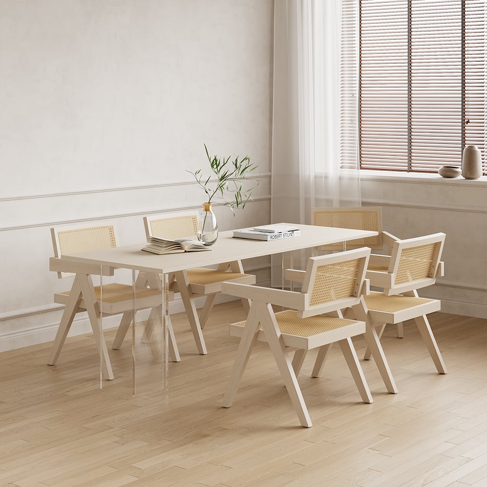 HMR Archic Japandi Bleached Wood Rattan Dining Chair with Solid Wood Frame - Washed White, Without Upholstery, 6-Pieces