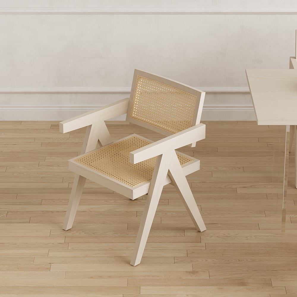 HMR Archic Japandi Bleached Wood Rattan Dining Chair with Solid Wood Frame - Washed White, Without Upholstery, 6-Pieces
