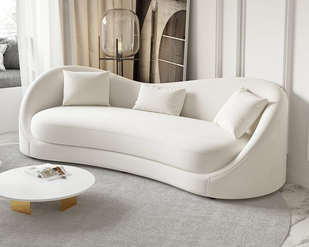 HMR 84" Luxury Velvet Upholstered 3-Seater Sofa with Solid Wood Frame - Off-White