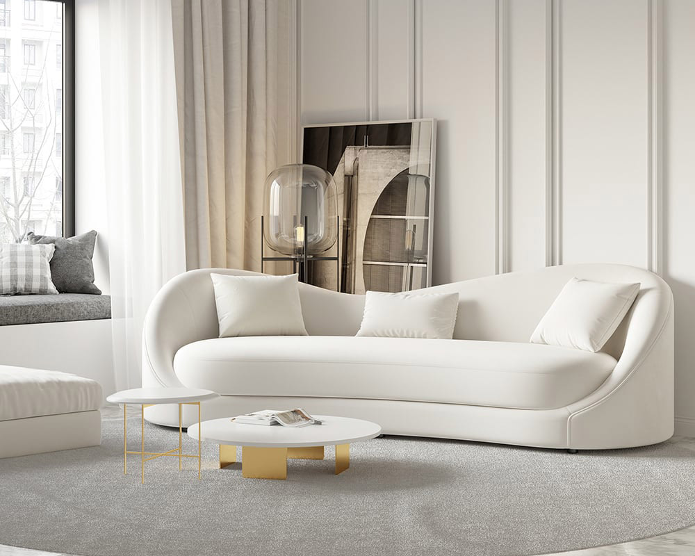 HMR 84" Luxury Velvet Upholstered 3-Seater Sofa with Solid Wood Frame - Off-White