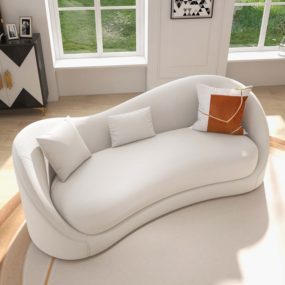 HMR 84" Luxury Velvet Upholstered 3-Seater Sofa with Solid Wood Frame - Off-White