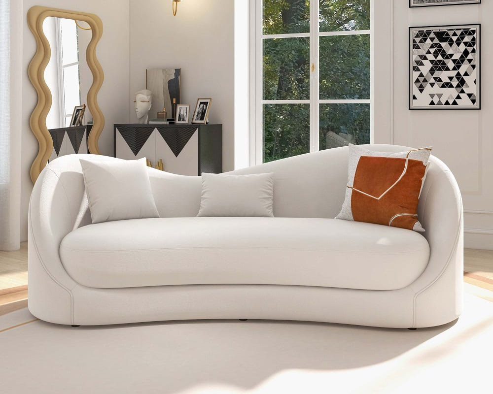 HMR 84" Luxury Velvet Upholstered 3-Seater Sofa with Solid Wood Frame - Off-White