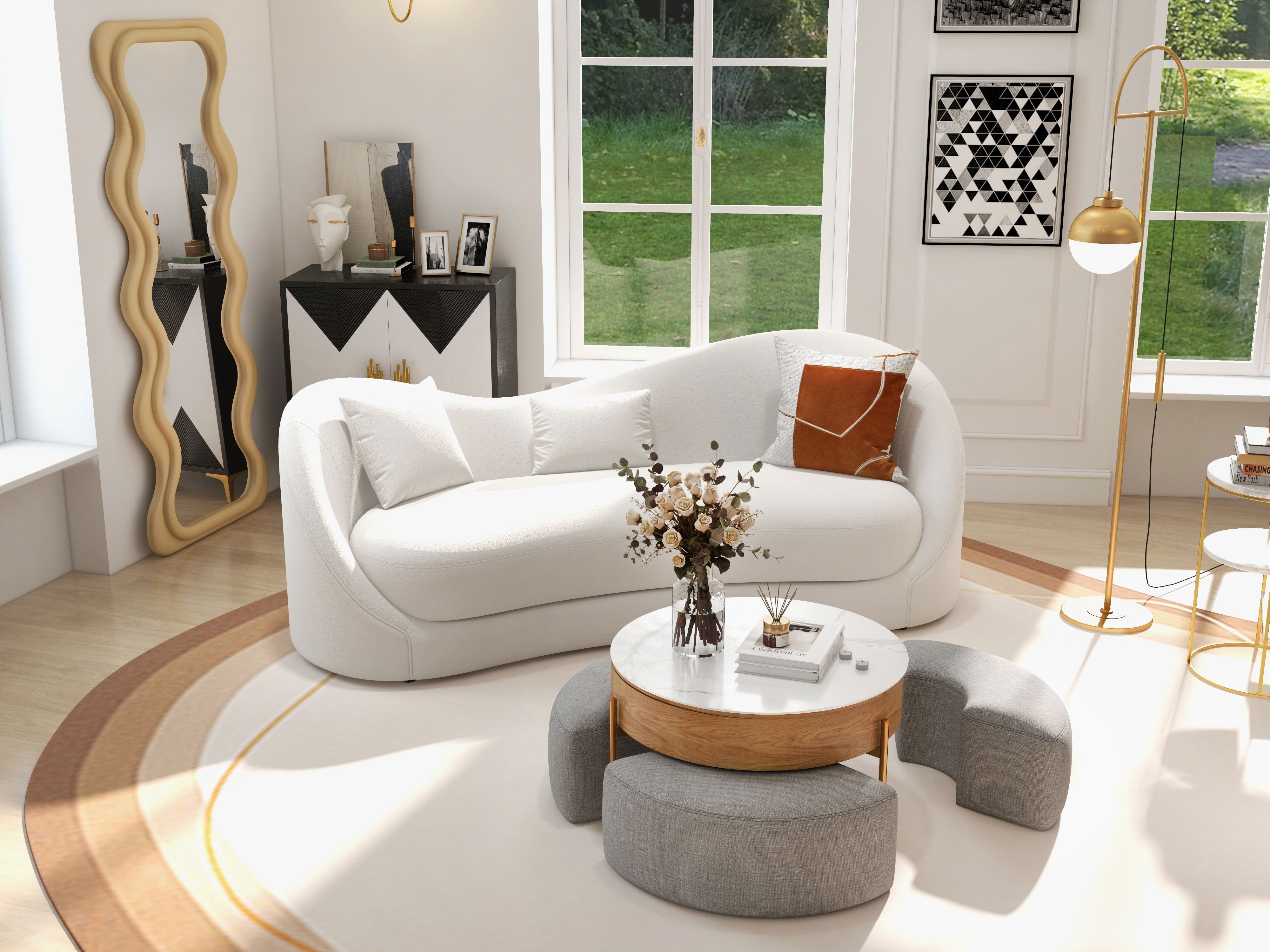 HMR 84" Luxury Velvet Upholstered 3-Seater Sofa with Solid Wood Frame - Off-White