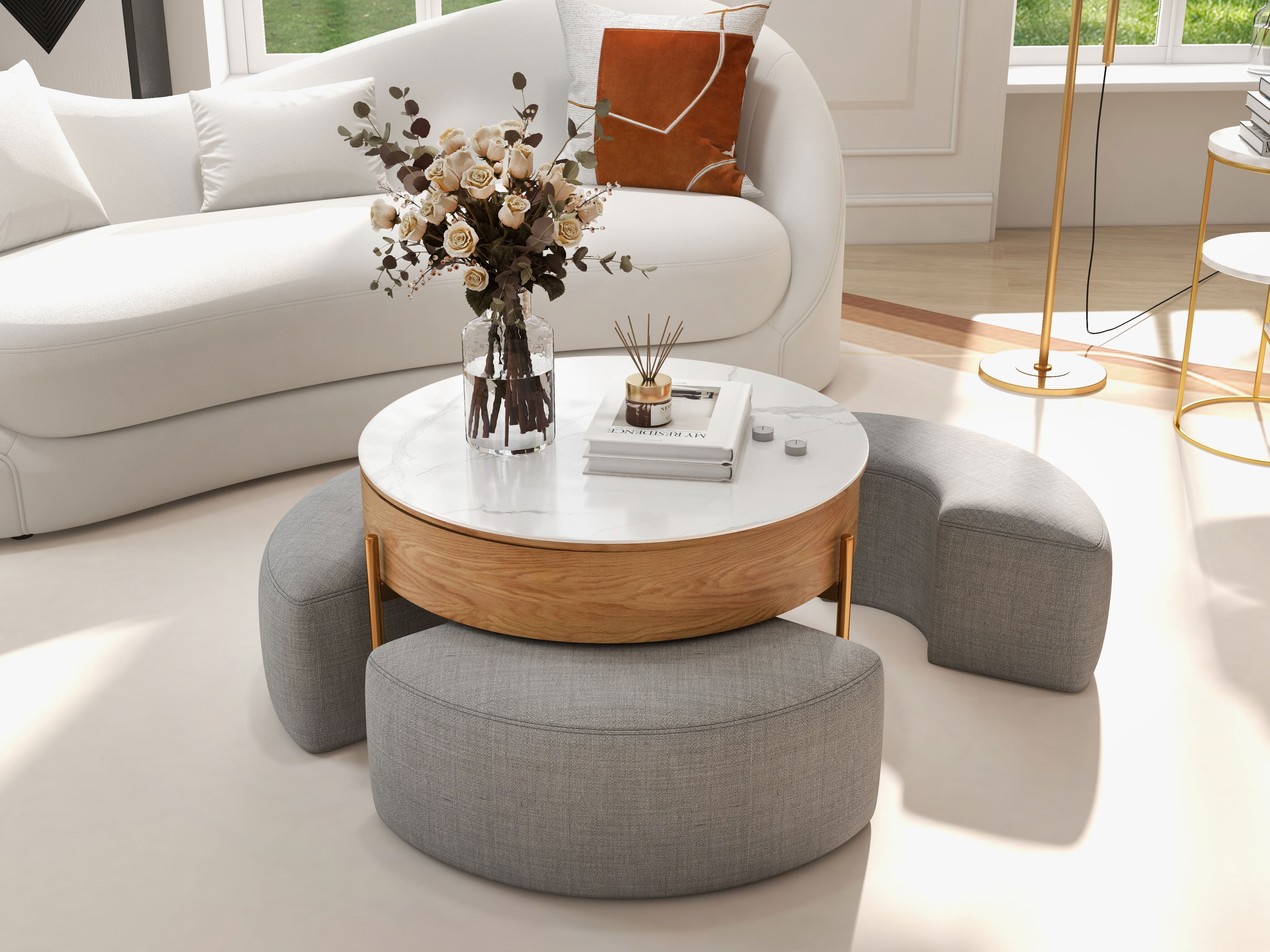 HMR 84" Luxury Velvet Upholstered 3-Seater Sofa with Solid Wood Frame - Off-White