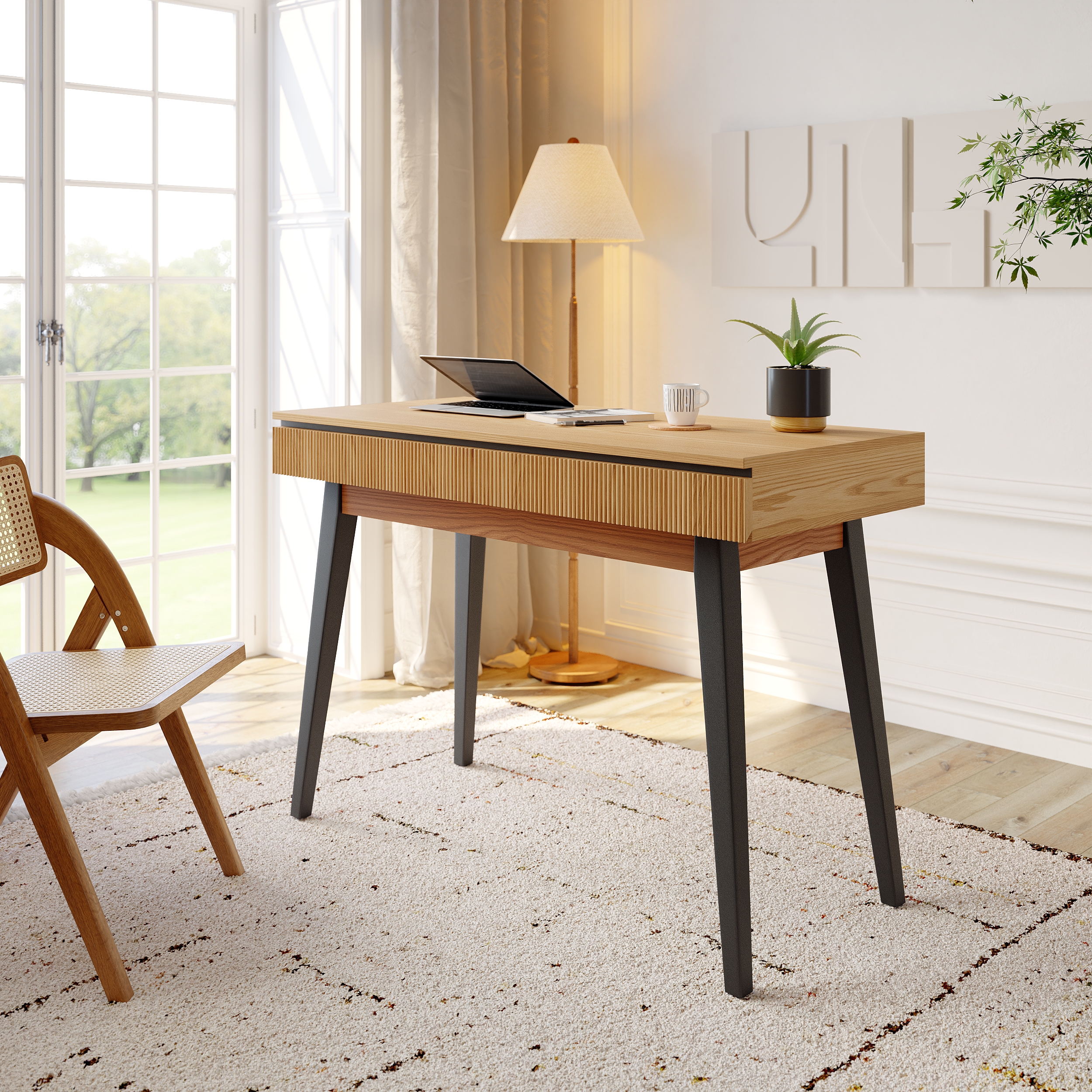 HMR - 43.30" Natural Modern Desk with 2 Drawers & Tapered Legs