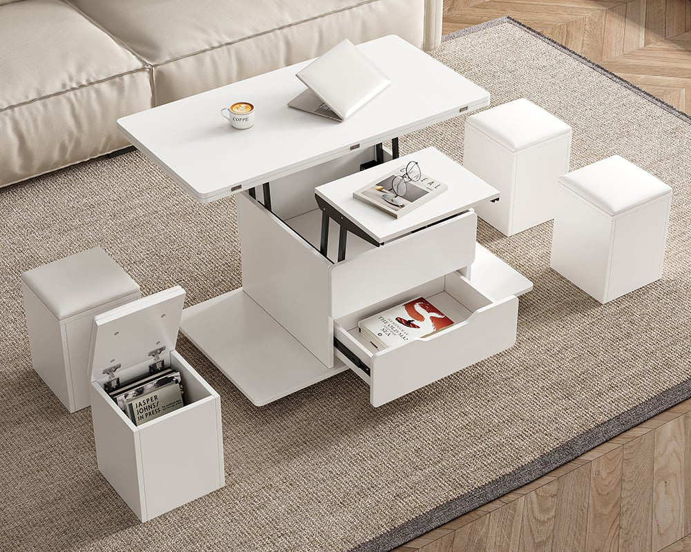 HMR 39" Lift-Top Foldable Coffee Table with 4 Stools & Storage - White