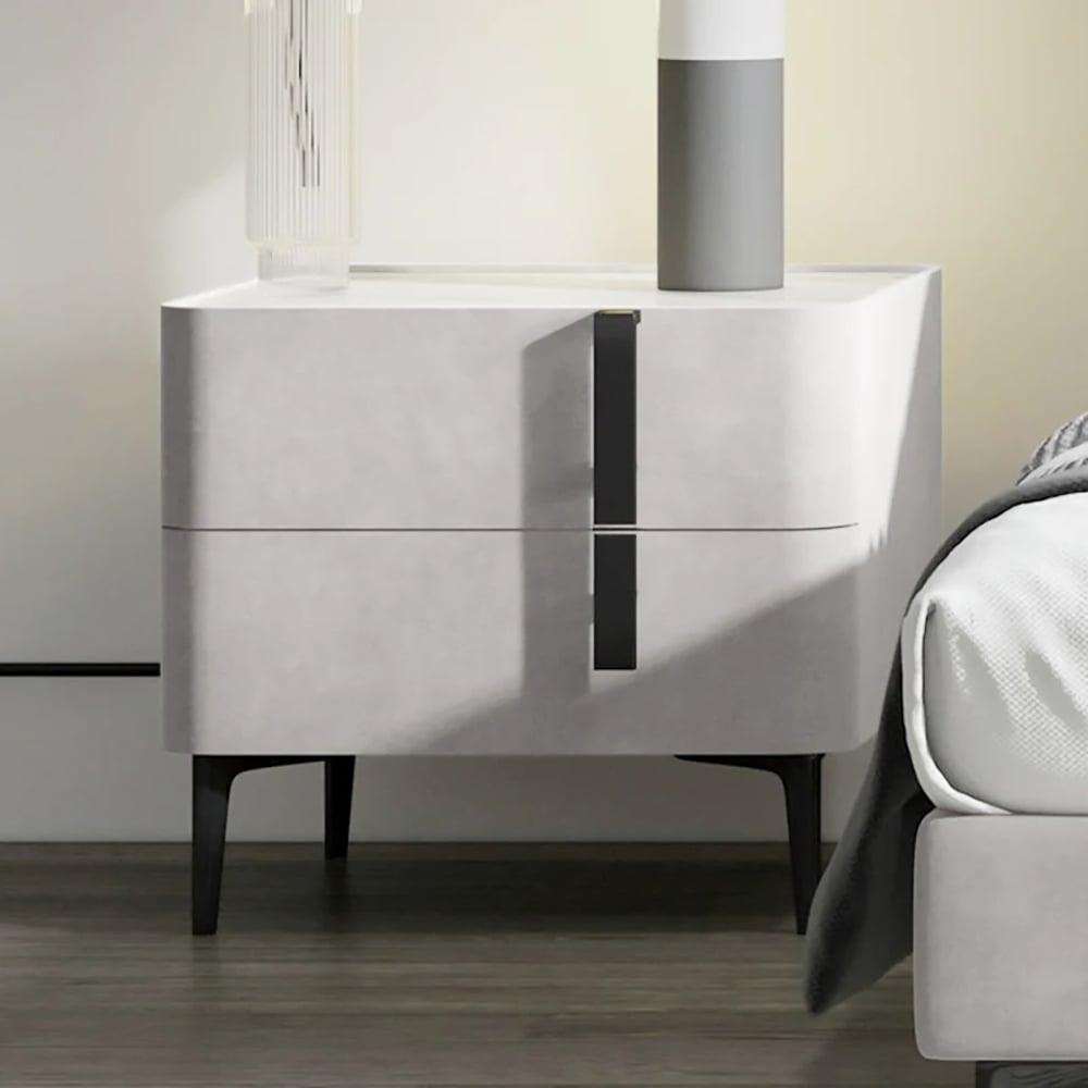 HMR Modern Nightstand with Drawers & Sintered Stone Top Freestanding Bedside Table - Gray, Right Hand