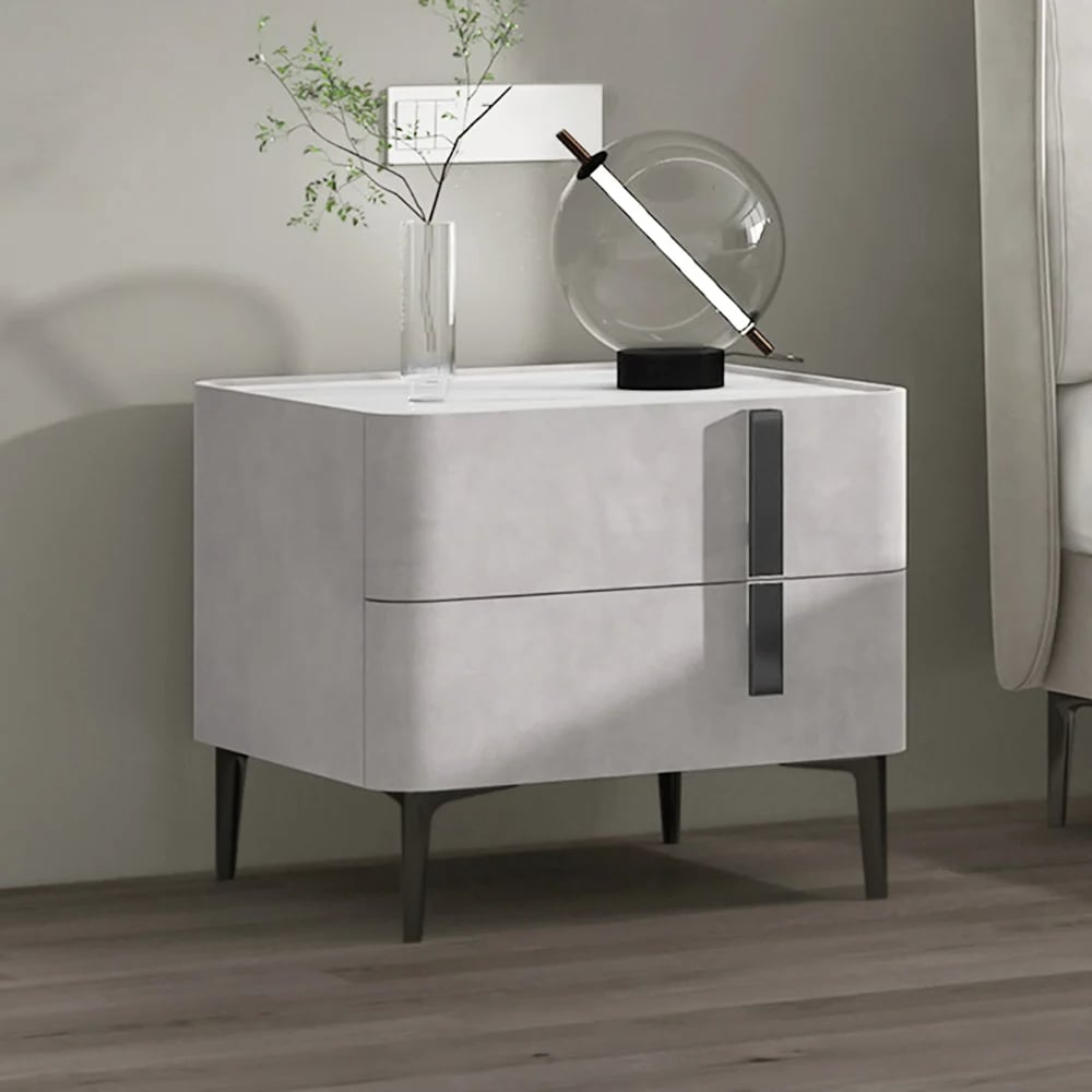 HMR Modern Nightstand with Drawers & Sintered Stone Top Freestanding Bedside Table - Gray, Right Hand