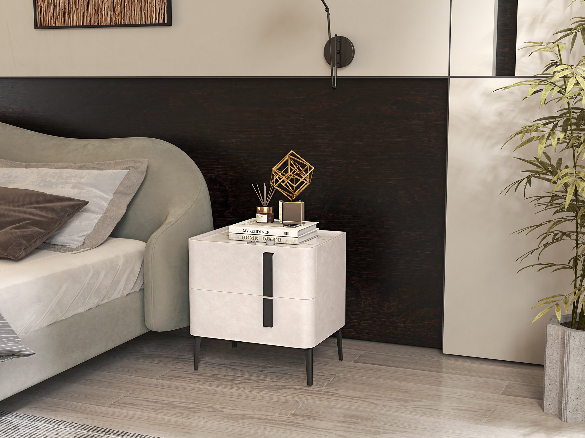 HMR Modern Nightstand with Drawers & Sintered Stone Top Freestanding Bedside Table - Gray, Right Hand