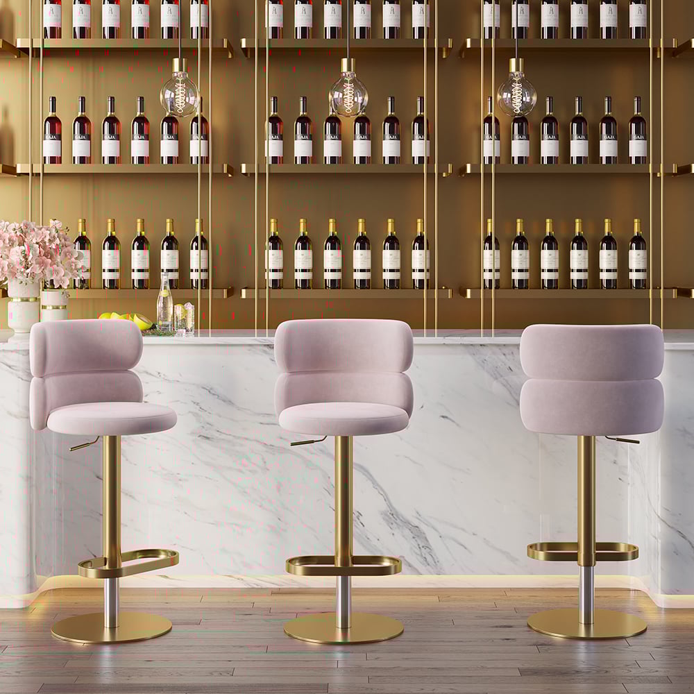 HMR Affordable Luxury Modern Adjustable Swivel Bar Stools with Velvet Upholstery - Pink, 6-Pieces