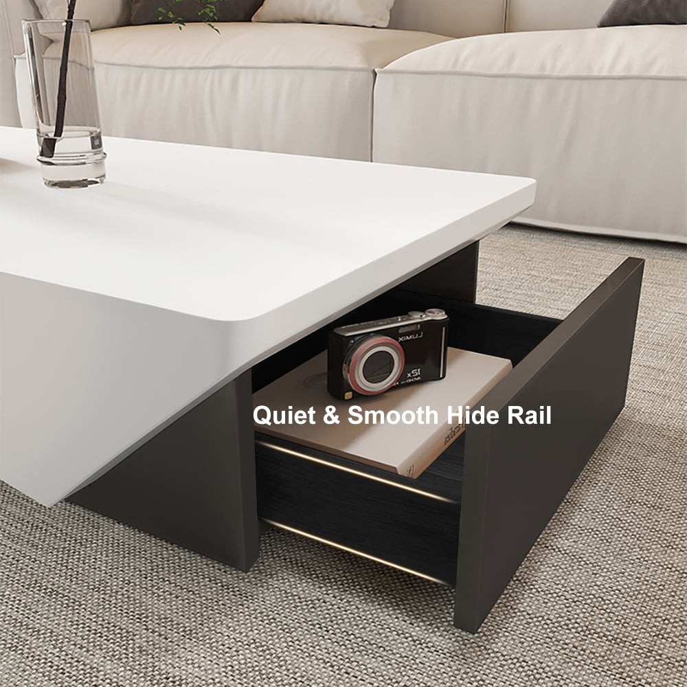 HMR - 47" Block Coffee Table White Rectangular with Drawer Storage in Black