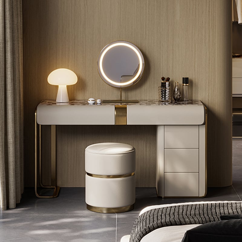 HMR - Modern Gray Makeup Vanity Set with Side Cabinet Dressing Table with Mirror & Stool