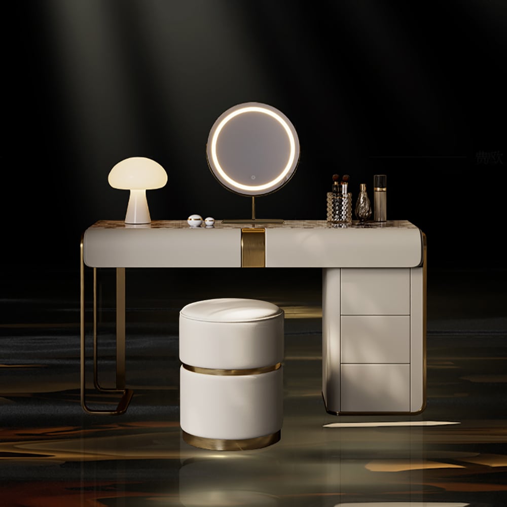 HMR - Modern Gray Makeup Vanity Set with Side Cabinet Dressing Table with Mirror & Stool